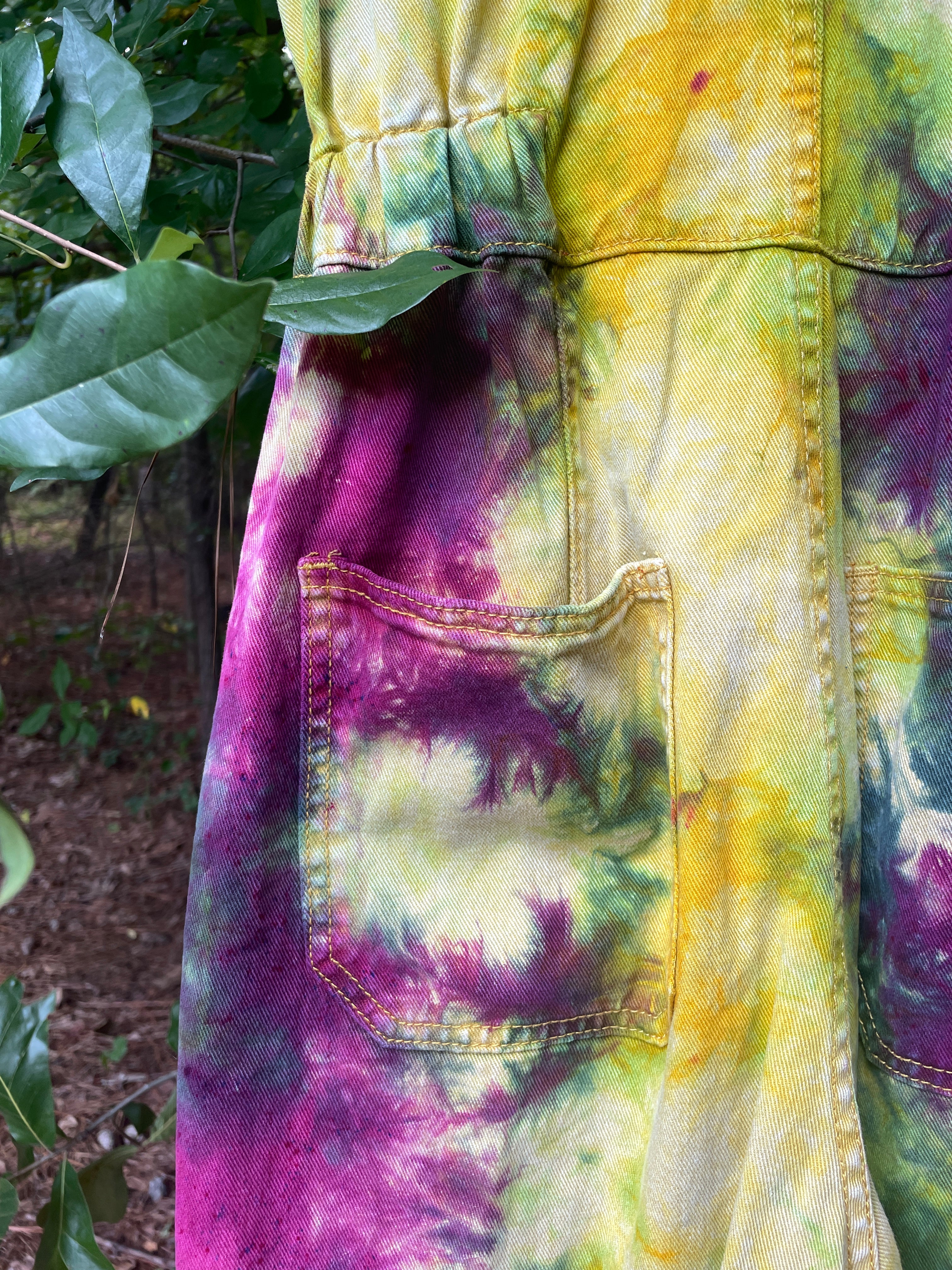 SMALL Women's Handmade Tie Dye Jumpsuit (WITH POCKETS) | One-of-a-Kind Yellow and Green Denim Coveralls