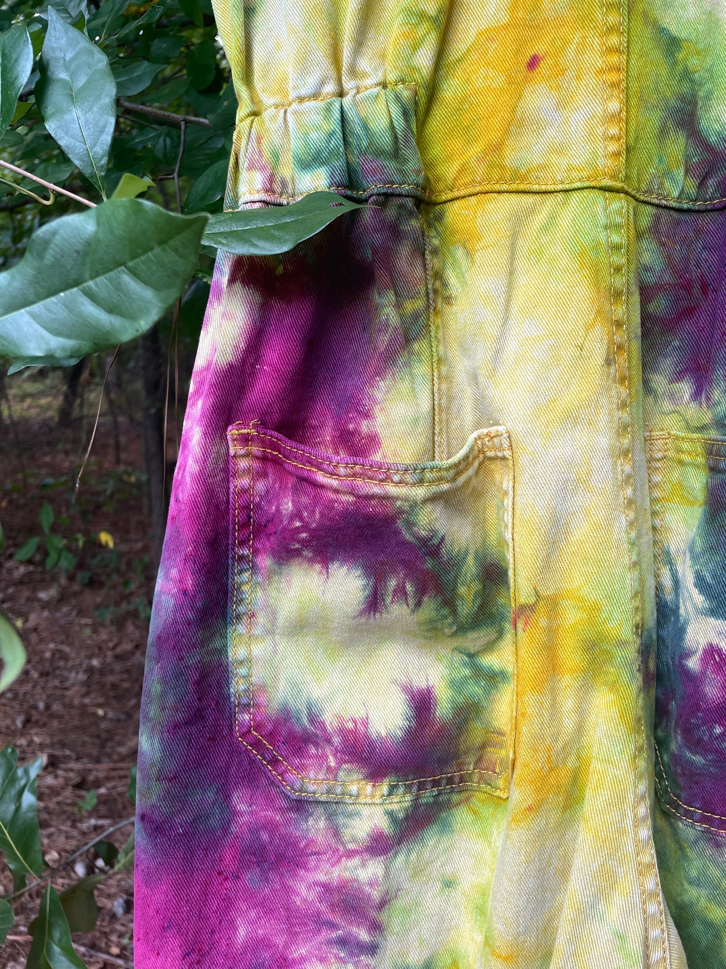SMALL Women's Handmade Tie Dye Jumpsuit (WITH POCKETS) | One-of-a-Kind Yellow and Green Denim Coveralls