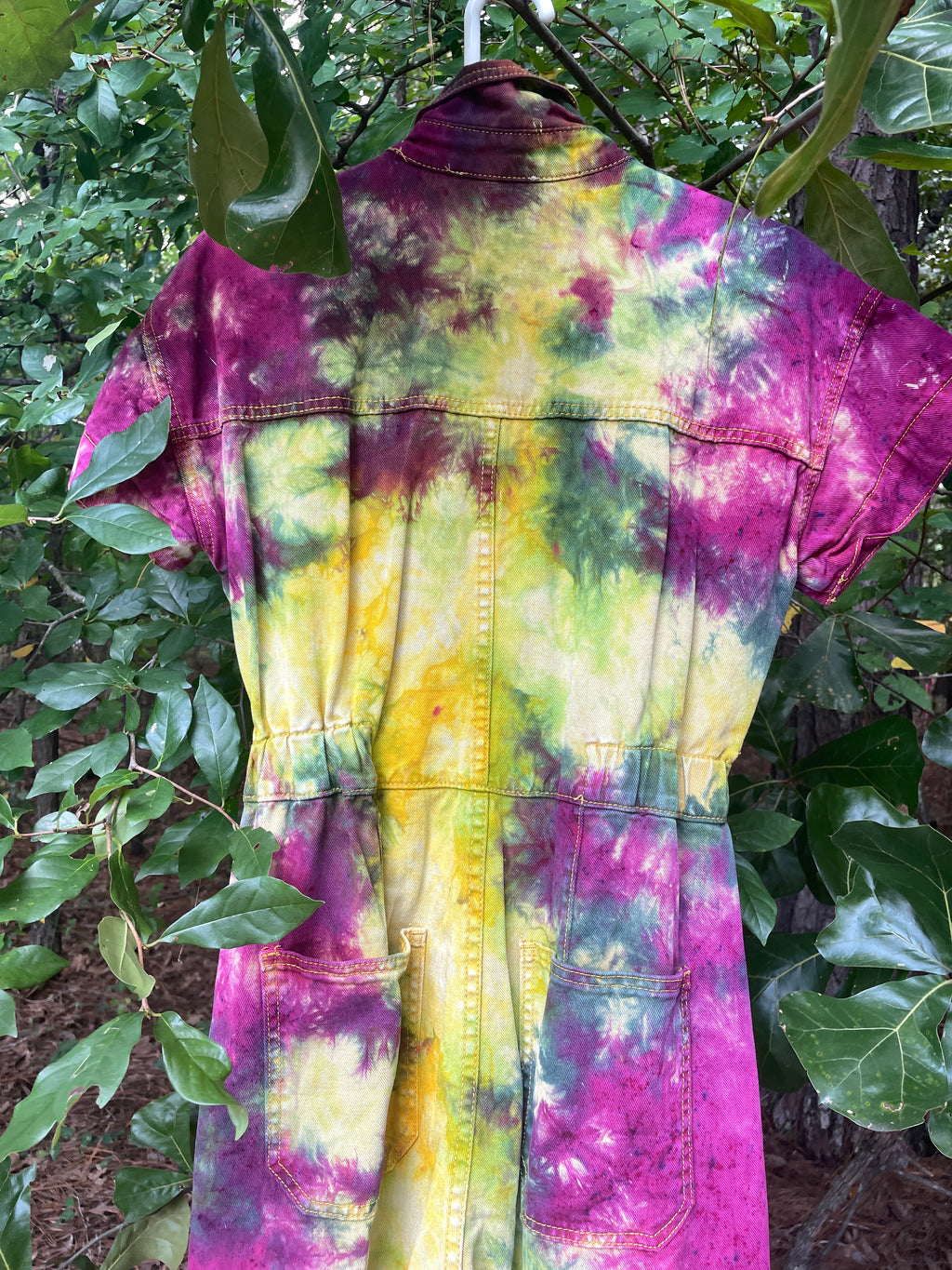 SMALL Women's Handmade Tie Dye Jumpsuit (WITH POCKETS) | One-of-a-Kind Yellow and Green Denim Coveralls