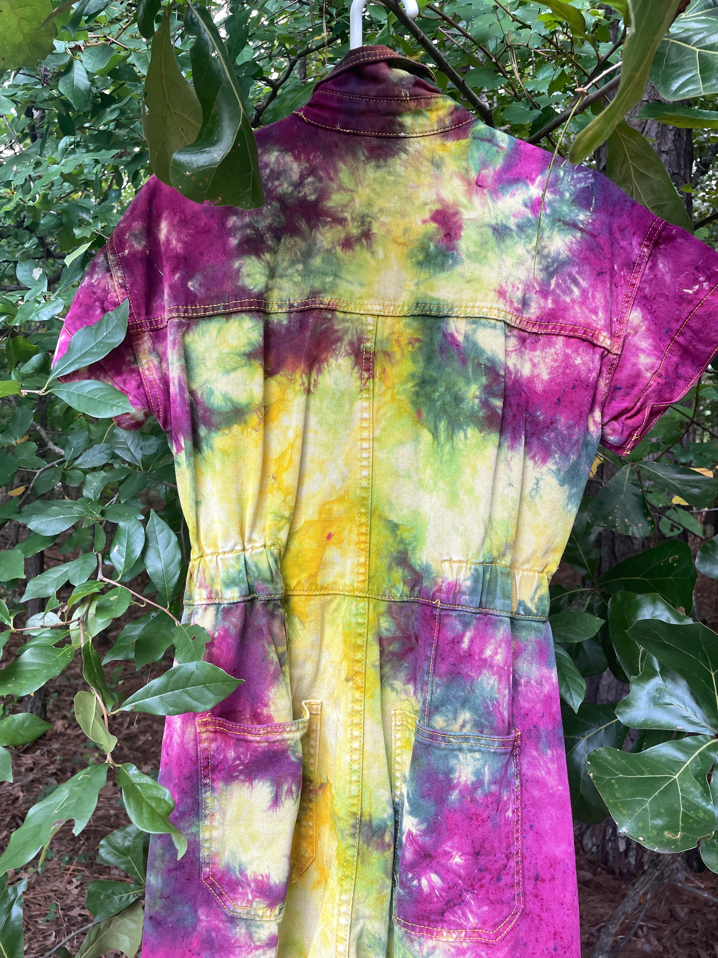 SMALL Women's Handmade Tie Dye Jumpsuit (WITH POCKETS) | One-of-a-Kind Yellow and Green Denim Coveralls