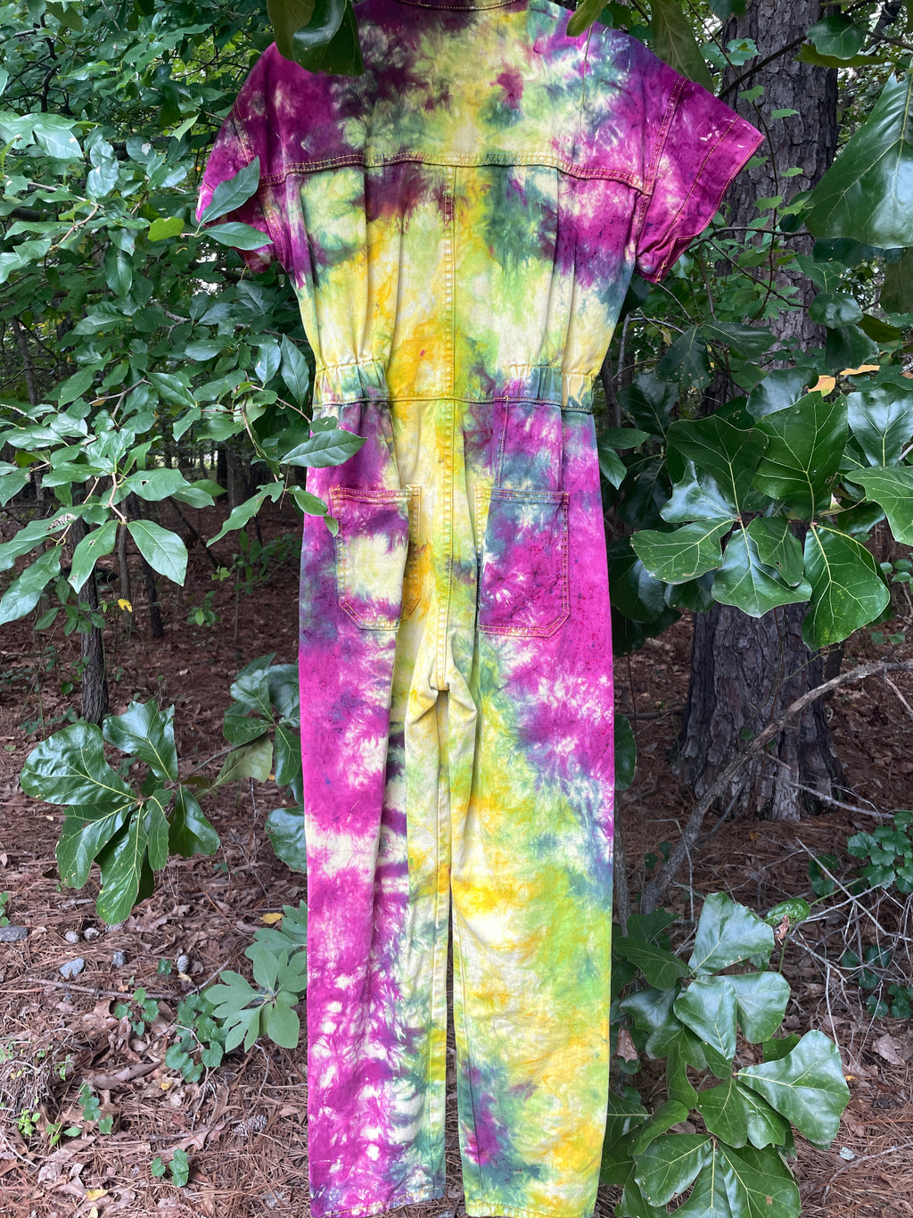 SMALL Women's Handmade Tie Dye Jumpsuit (WITH POCKETS) | One-of-a-Kind Yellow and Green Denim Coveralls