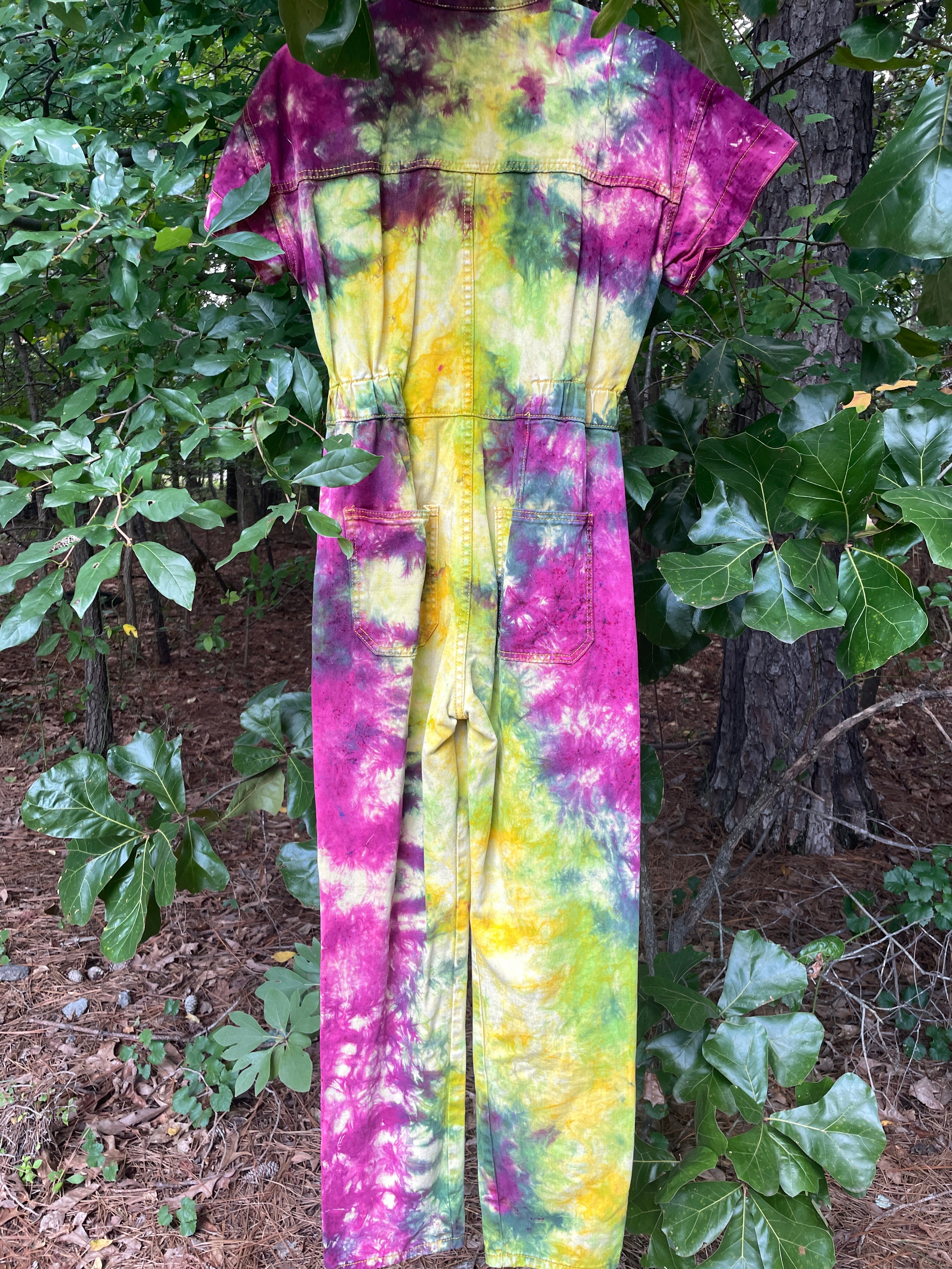 SMALL Women's Handmade Tie Dye Jumpsuit (WITH POCKETS) | One-of-a-Kind Yellow and Green Denim Coveralls