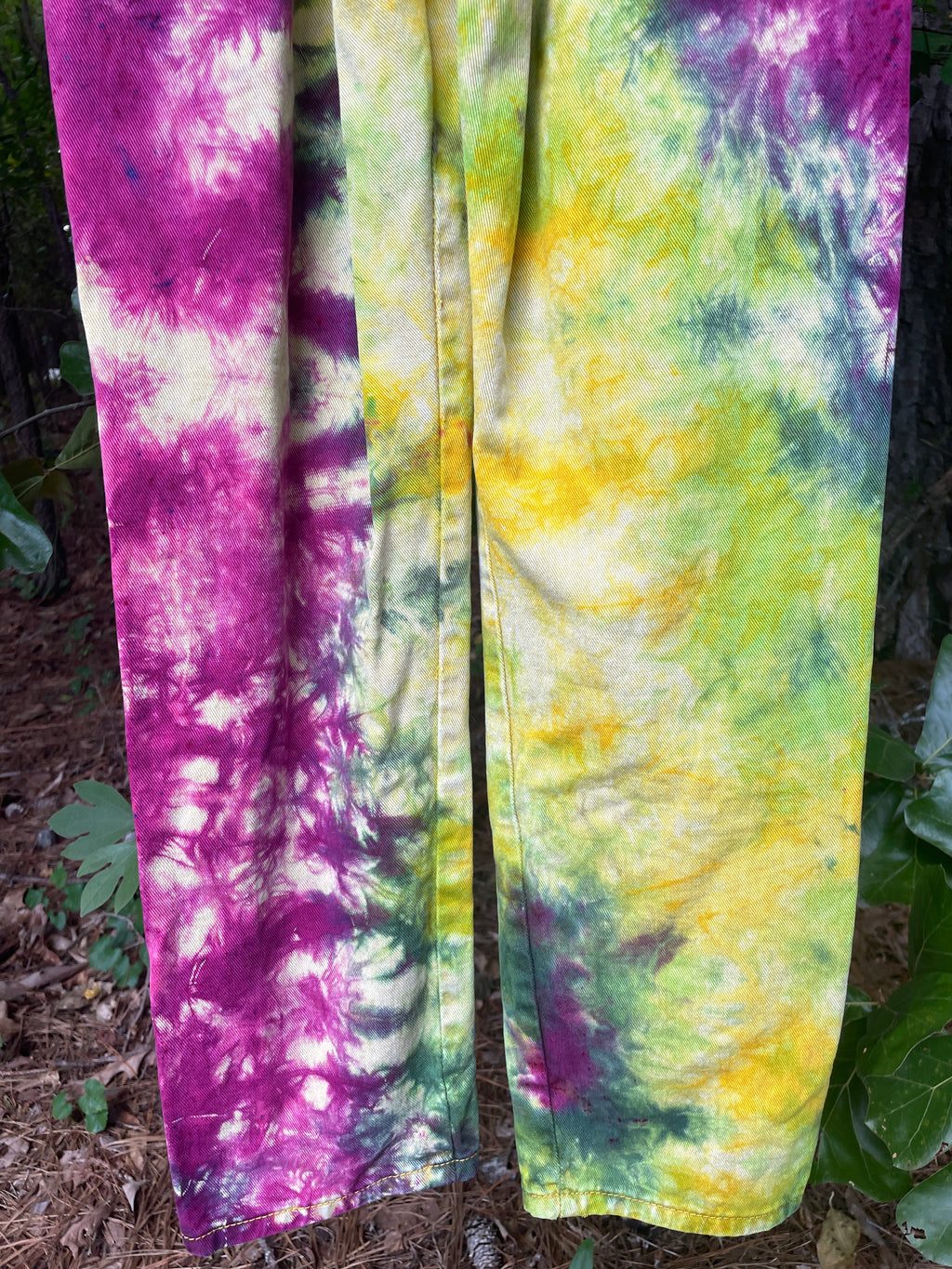 SMALL Women's Handmade Tie Dye Jumpsuit (WITH POCKETS) | One-of-a-Kind Yellow and Green Denim Coveralls