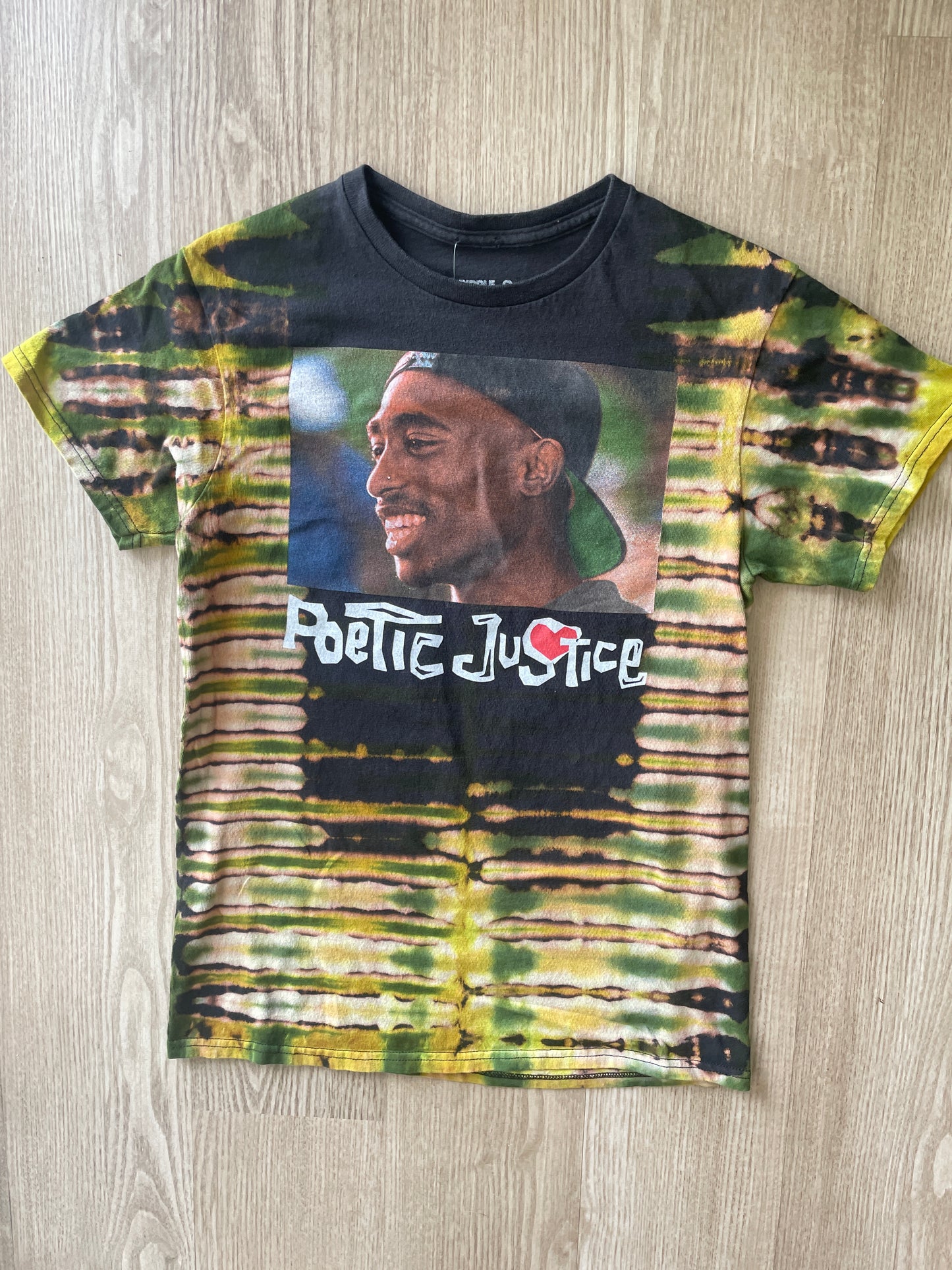 SMALL Men’s Tupac Poetic Justice Reverse Tie Dye T-Shirt | One-Of-a-Kind Black and Green Pleated Short Sleeve