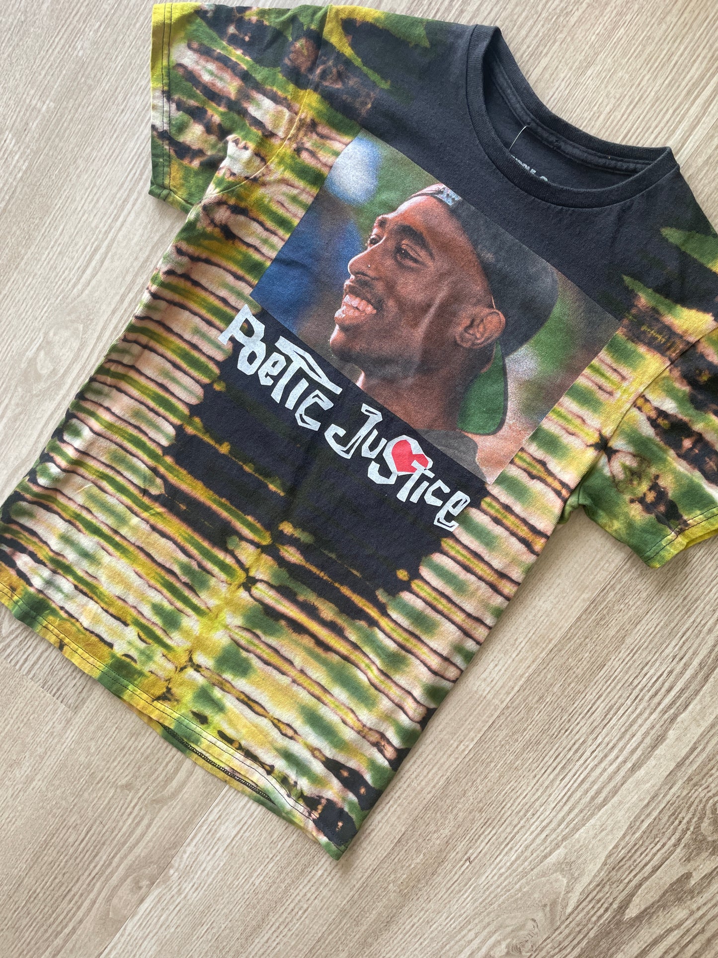 SMALL Men’s Tupac Poetic Justice Reverse Tie Dye T-Shirt | One-Of-a-Kind Black and Green Pleated Short Sleeve
