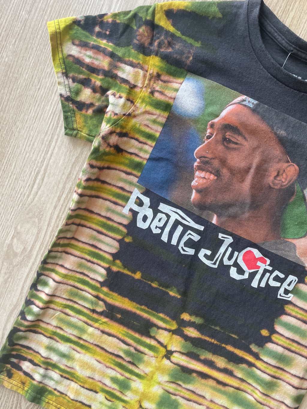 SMALL Men’s Tupac Poetic Justice Reverse Tie Dye T-Shirt | One-Of-a-Kind Black and Green Pleated Short Sleeve