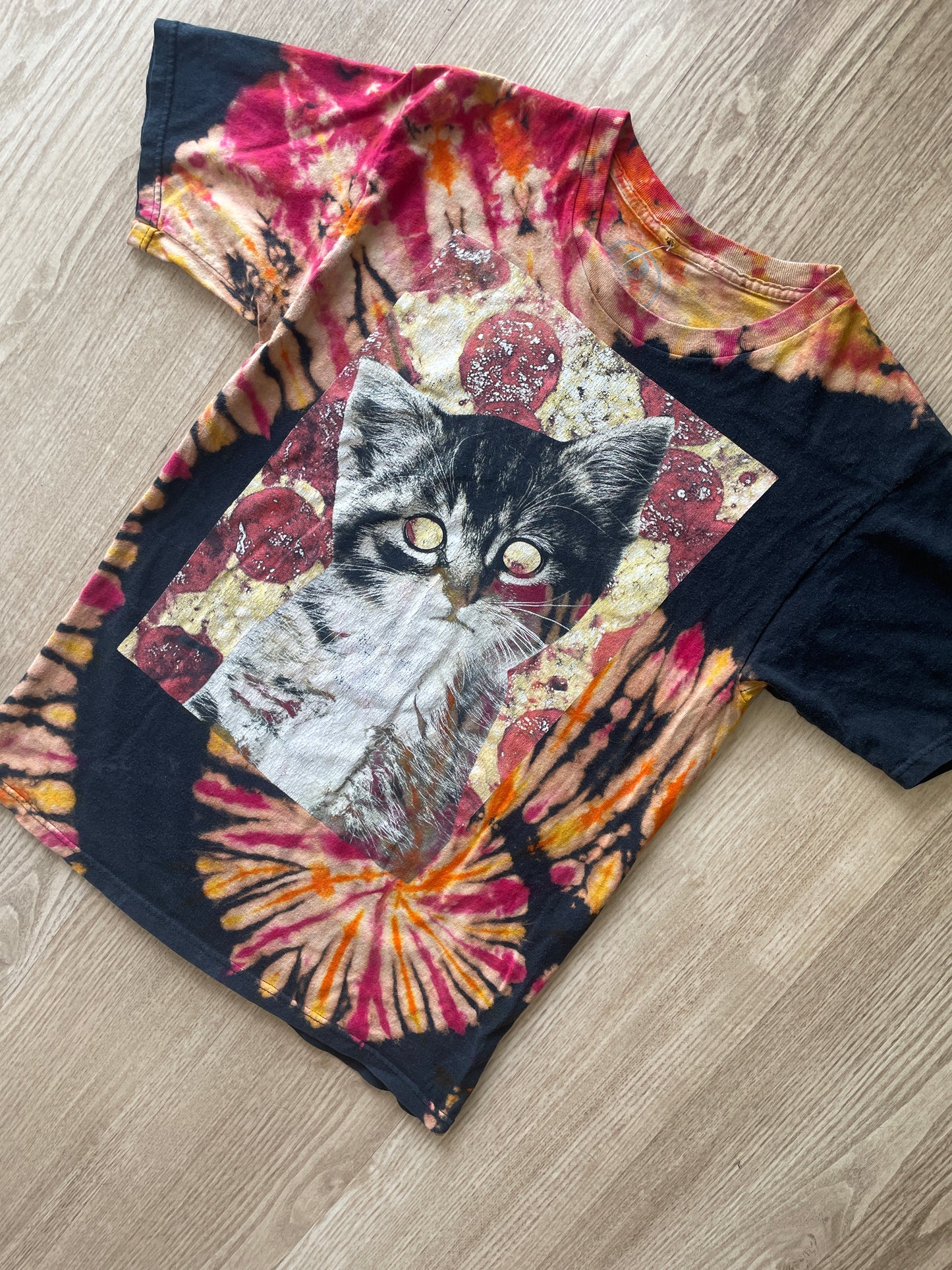 MEDIUM Men’s Hypnotic Pizza Cat Reverse Tie Dye T-Shirt | One-Of-a-Kind Black, Red, and Orange Spiral Short Sleev