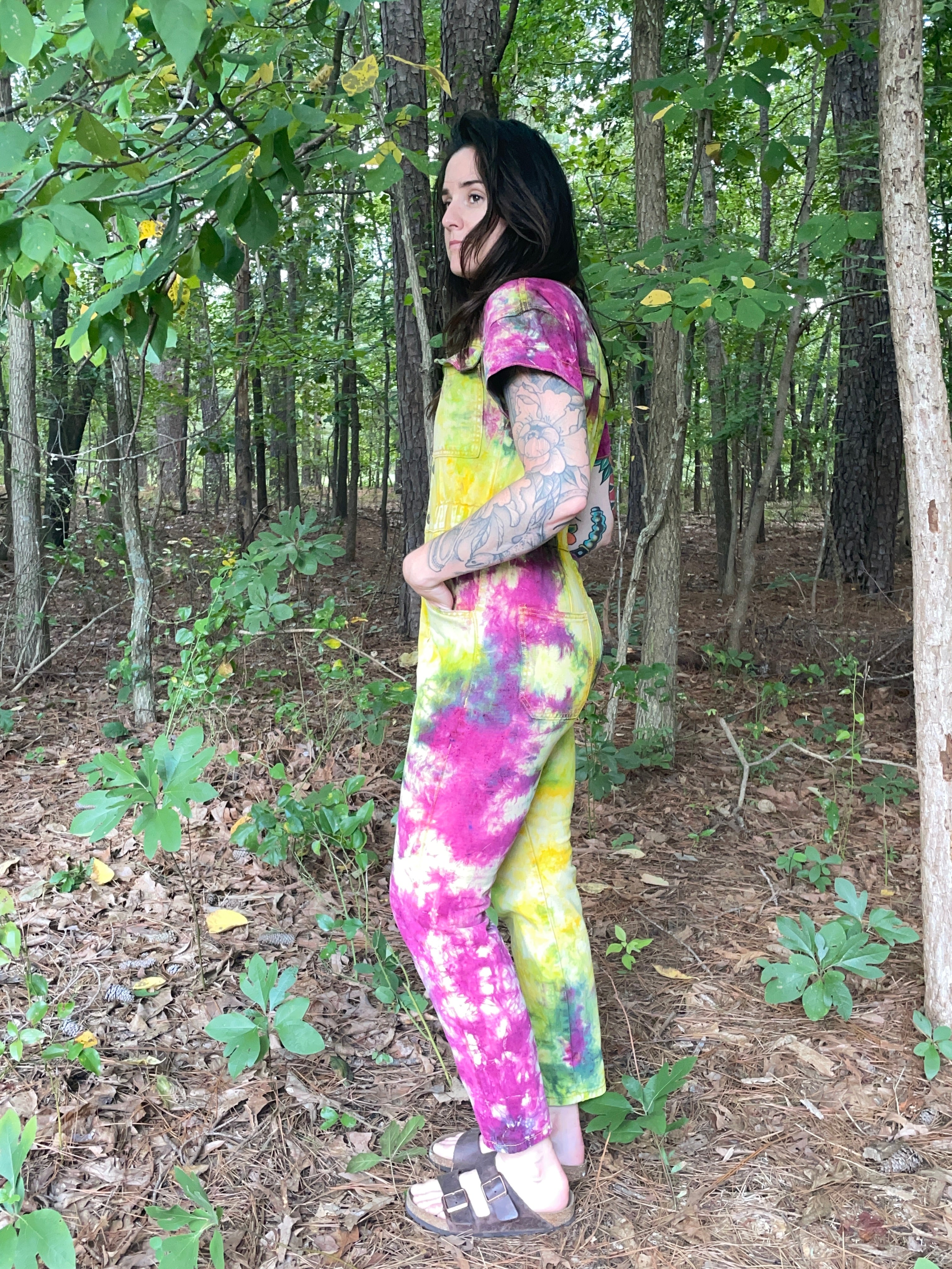 SMALL Women's Handmade Tie Dye Jumpsuit (WITH POCKETS) | One-of-a-Kind Yellow and Green Denim Coveralls