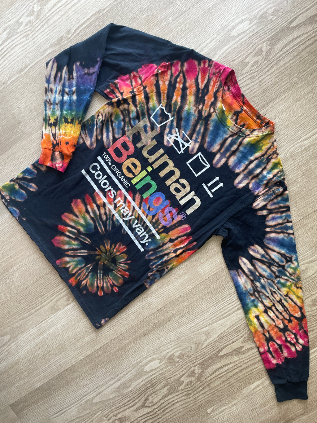 MEDIUM Men’s Human Beings: Colors May Vary Reverse Tie Dye Long Sleeve T-Shirt | One-Of-a-Kind Black Rainbow Spiral Long Sleeve