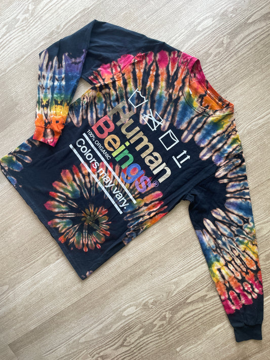 MEDIUM Men’s Human Beings: Colors May Vary Reverse Tie Dye Long Sleeve T-Shirt | One-Of-a-Kind Black Rainbow Spiral Long Sleeve