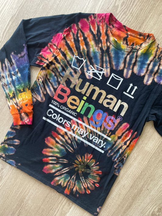 MEDIUM Men’s Human Beings: Colors May Vary Reverse Tie Dye Long Sleeve T-Shirt | One-Of-a-Kind Black Rainbow Spiral Long Sleeve