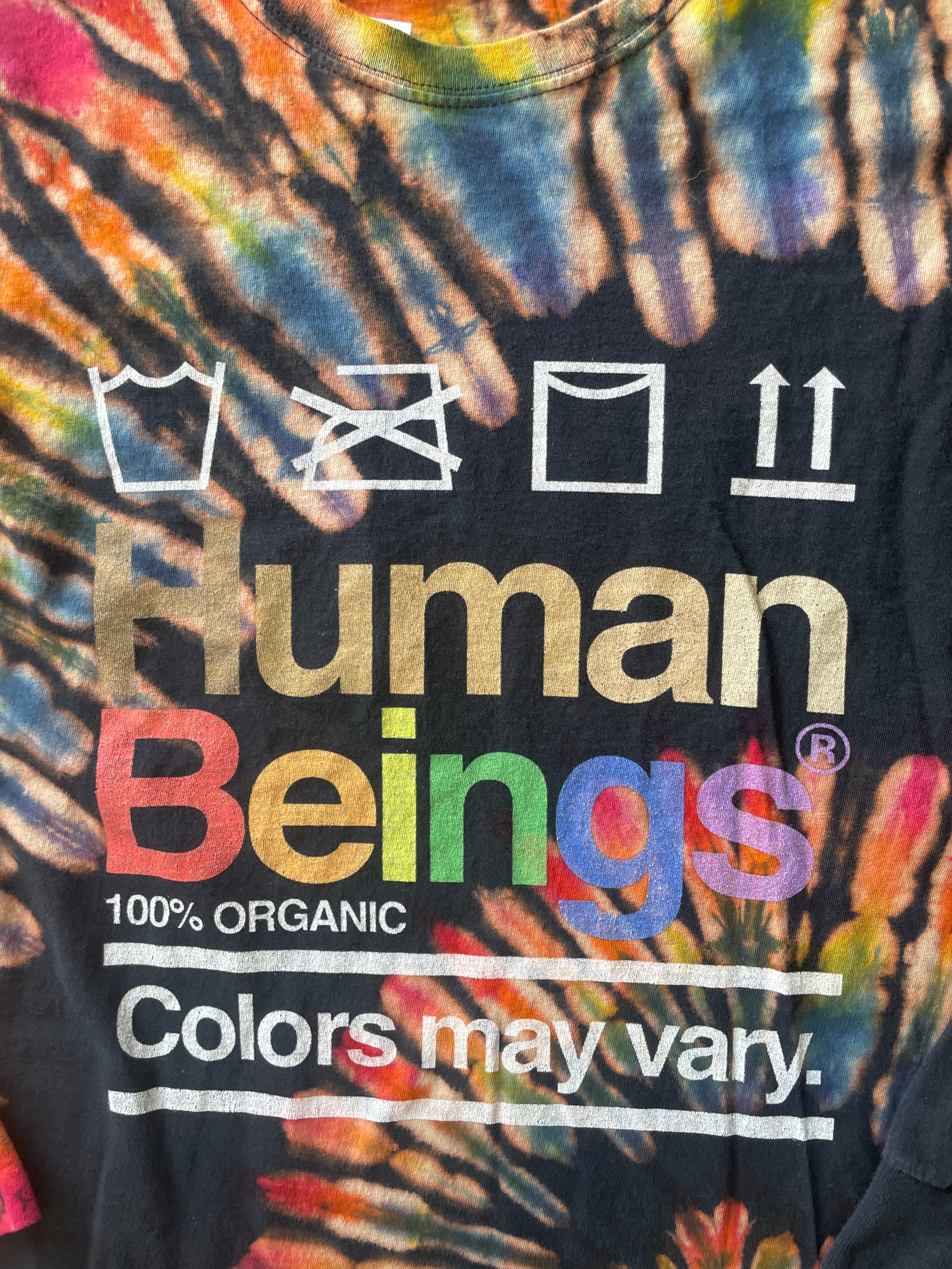 MEDIUM Men’s Human Beings: Colors May Vary Reverse Tie Dye Long Sleeve T-Shirt | One-Of-a-Kind Black Rainbow Spiral Long Sleeve