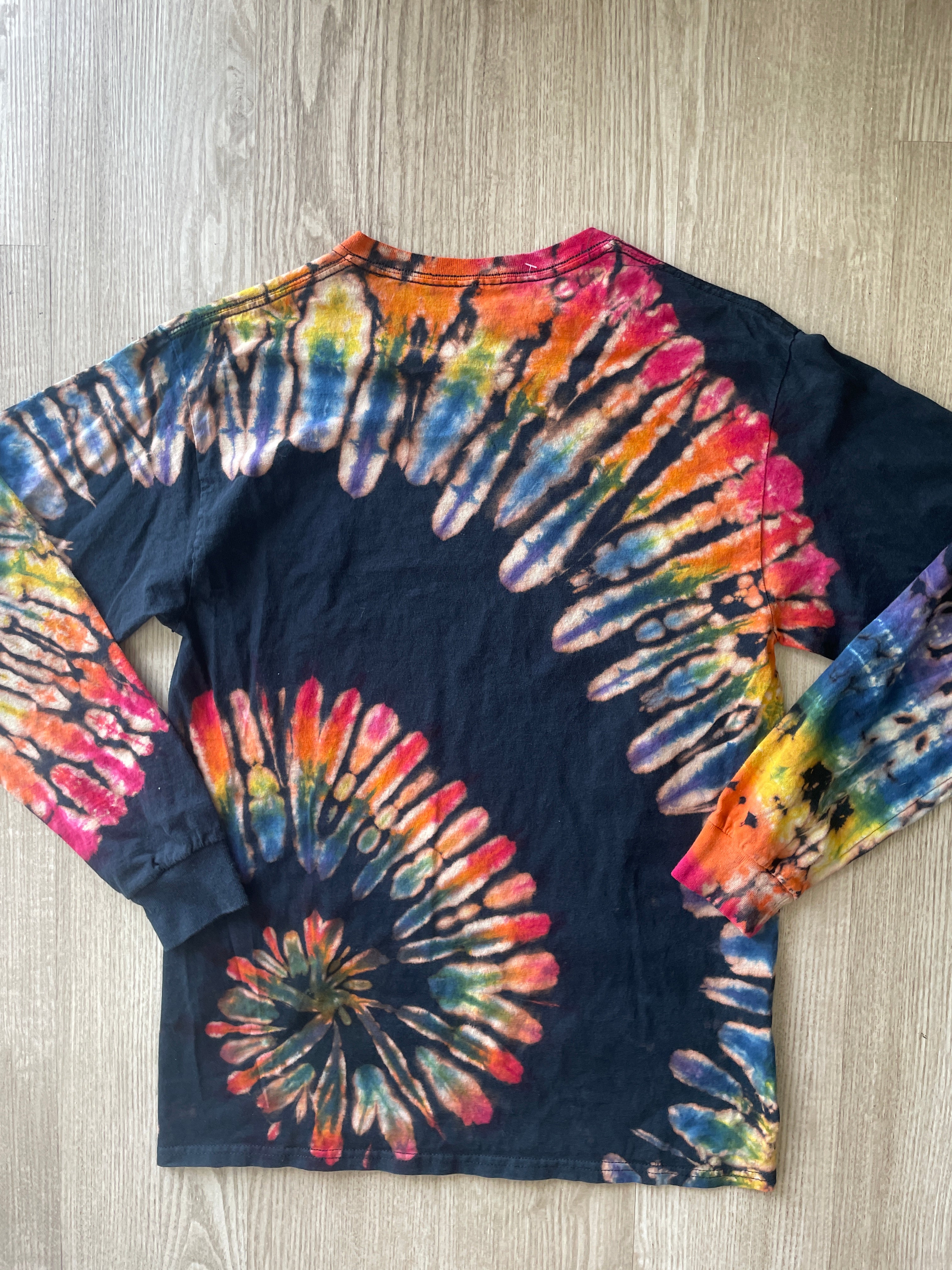 MEDIUM Men’s Human Beings: Colors May Vary Reverse Tie Dye Long Sleeve T-Shirt | One-Of-a-Kind Black Rainbow Spiral Long Sleeve
