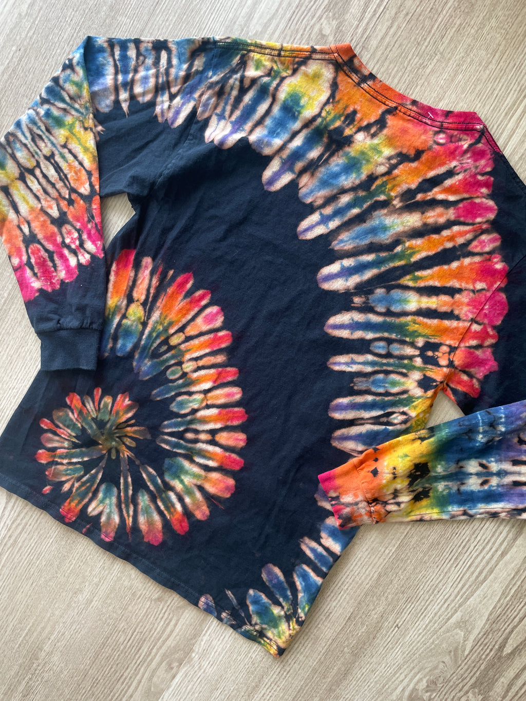 MEDIUM Men’s Human Beings: Colors May Vary Reverse Tie Dye Long Sleeve T-Shirt | One-Of-a-Kind Black Rainbow Spiral Long Sleeve