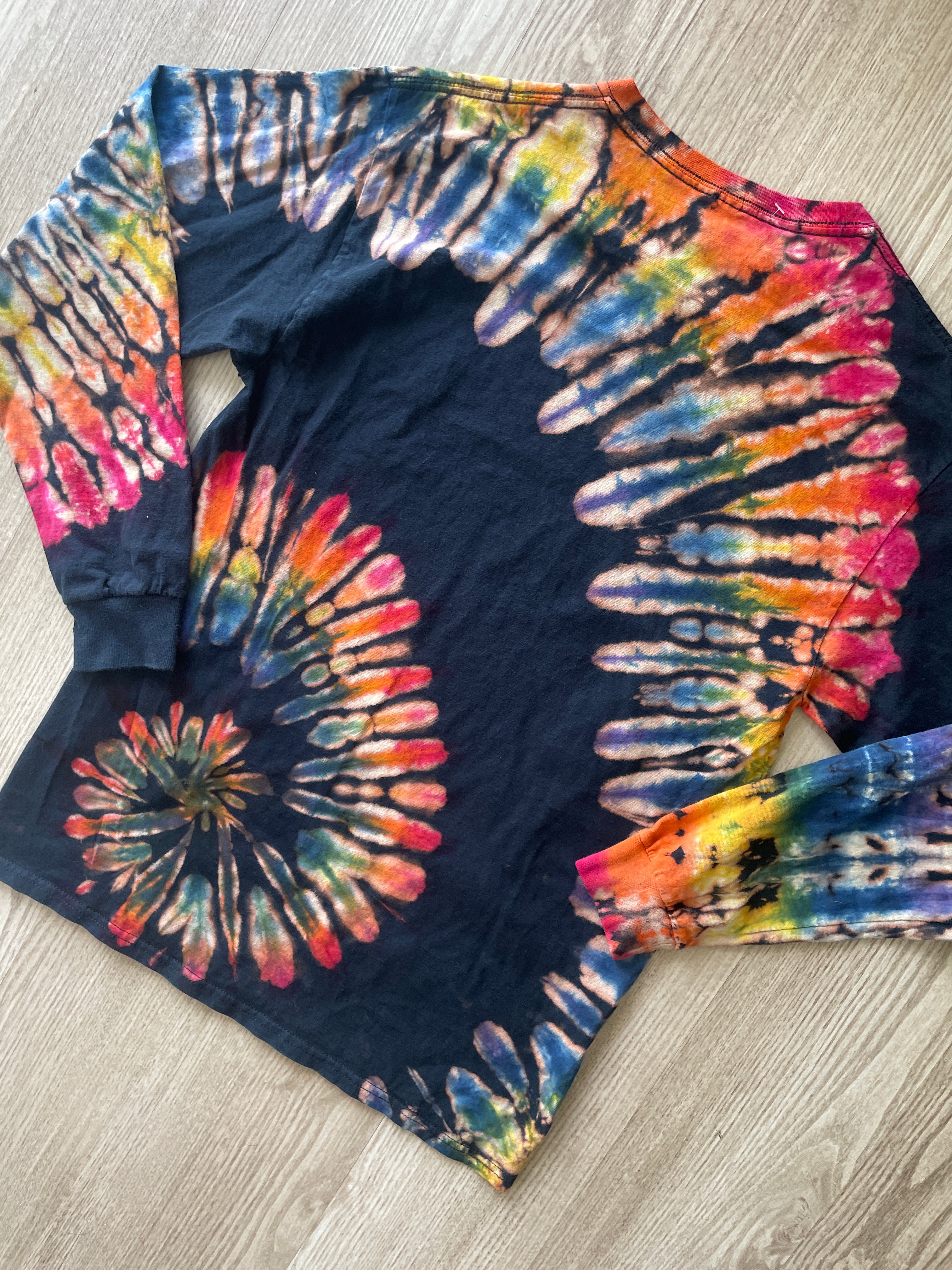 MEDIUM Men’s Human Beings: Colors May Vary Reverse Tie Dye Long Sleeve T-Shirt | One-Of-a-Kind Black Rainbow Spiral Long Sleeve