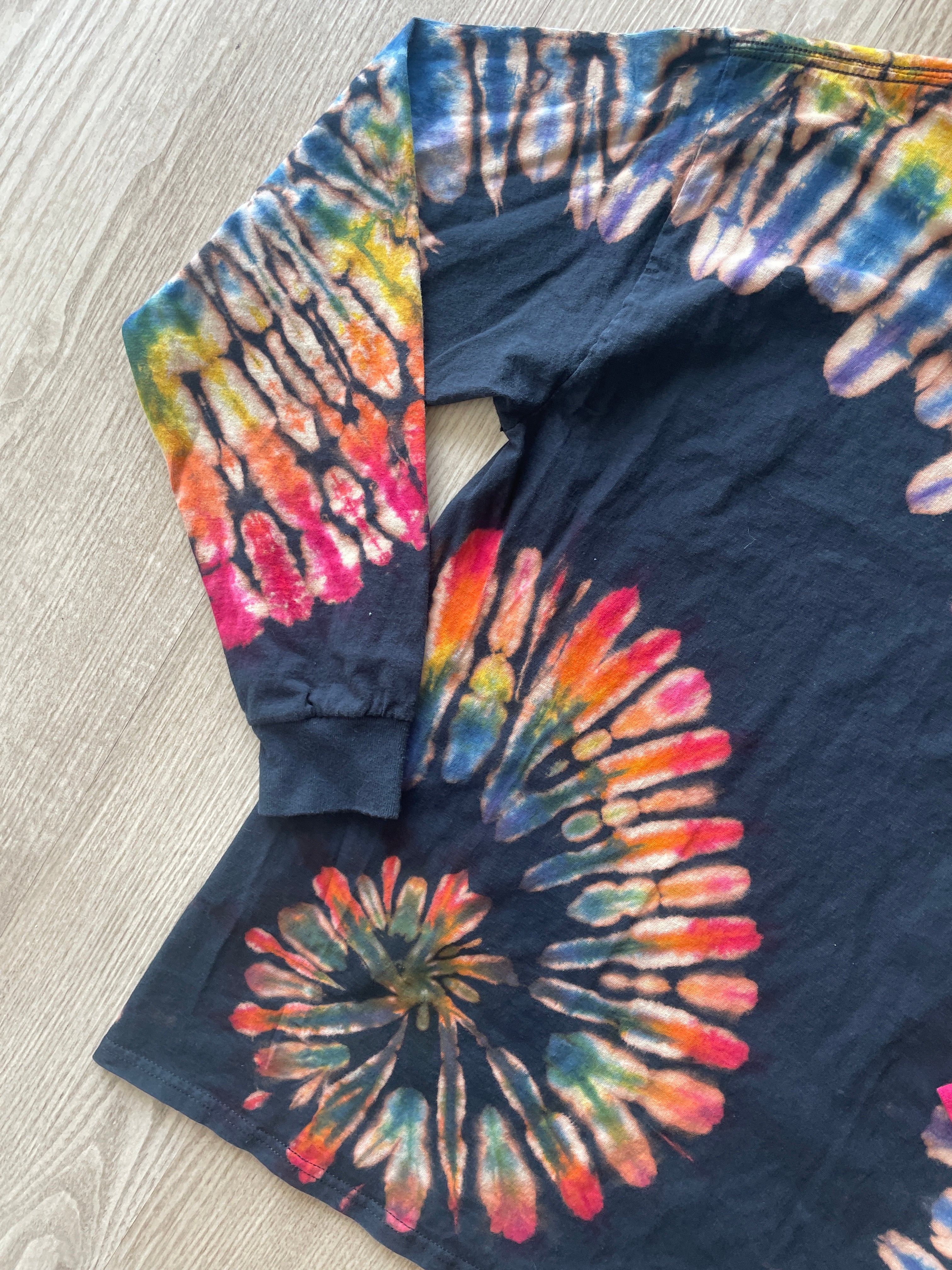 MEDIUM Men’s Human Beings: Colors May Vary Reverse Tie Dye Long Sleeve T-Shirt | One-Of-a-Kind Black Rainbow Spiral Long Sleeve