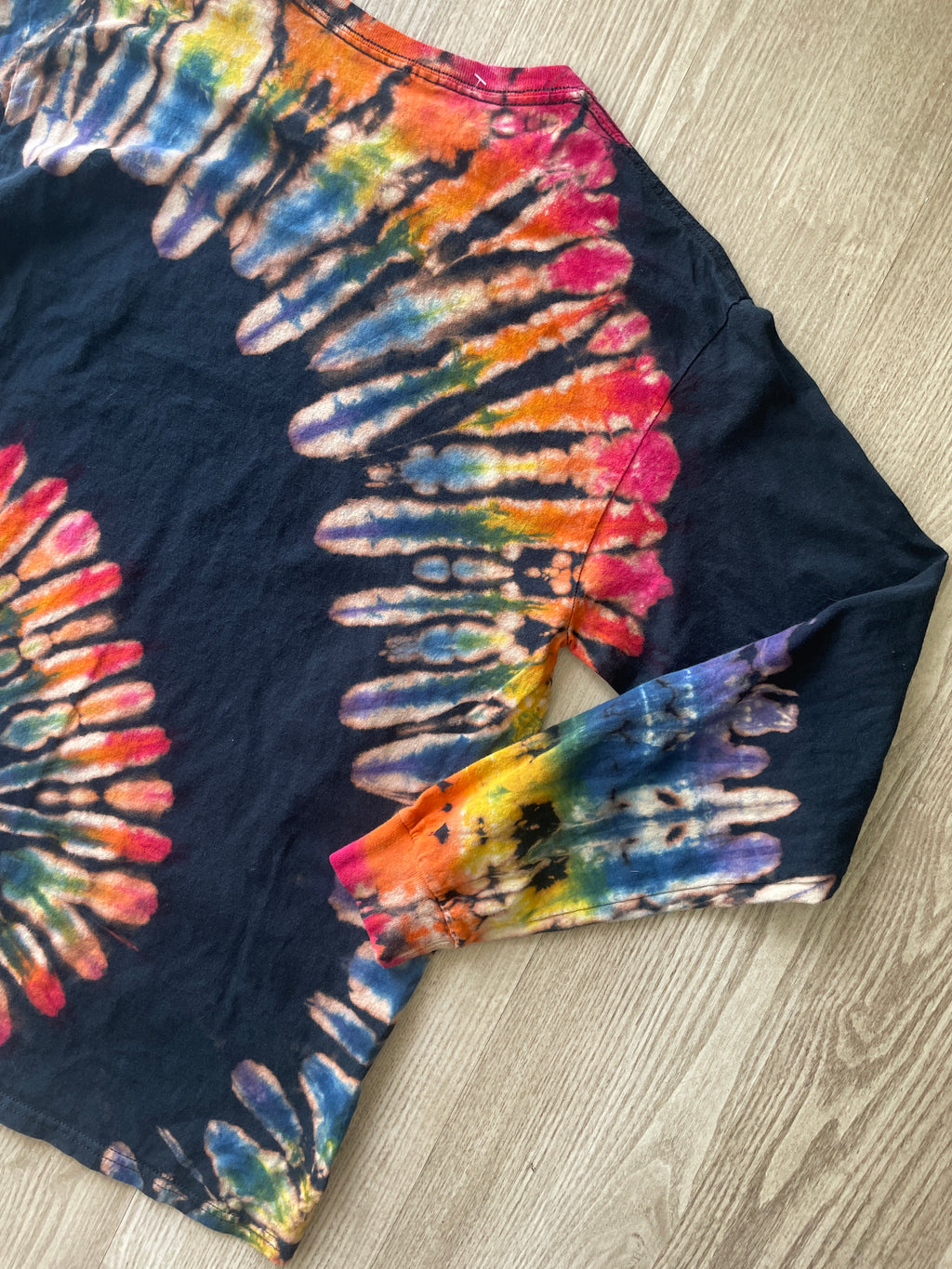MEDIUM Men’s Human Beings: Colors May Vary Reverse Tie Dye Long Sleeve T-Shirt | One-Of-a-Kind Black Rainbow Spiral Long Sleeve