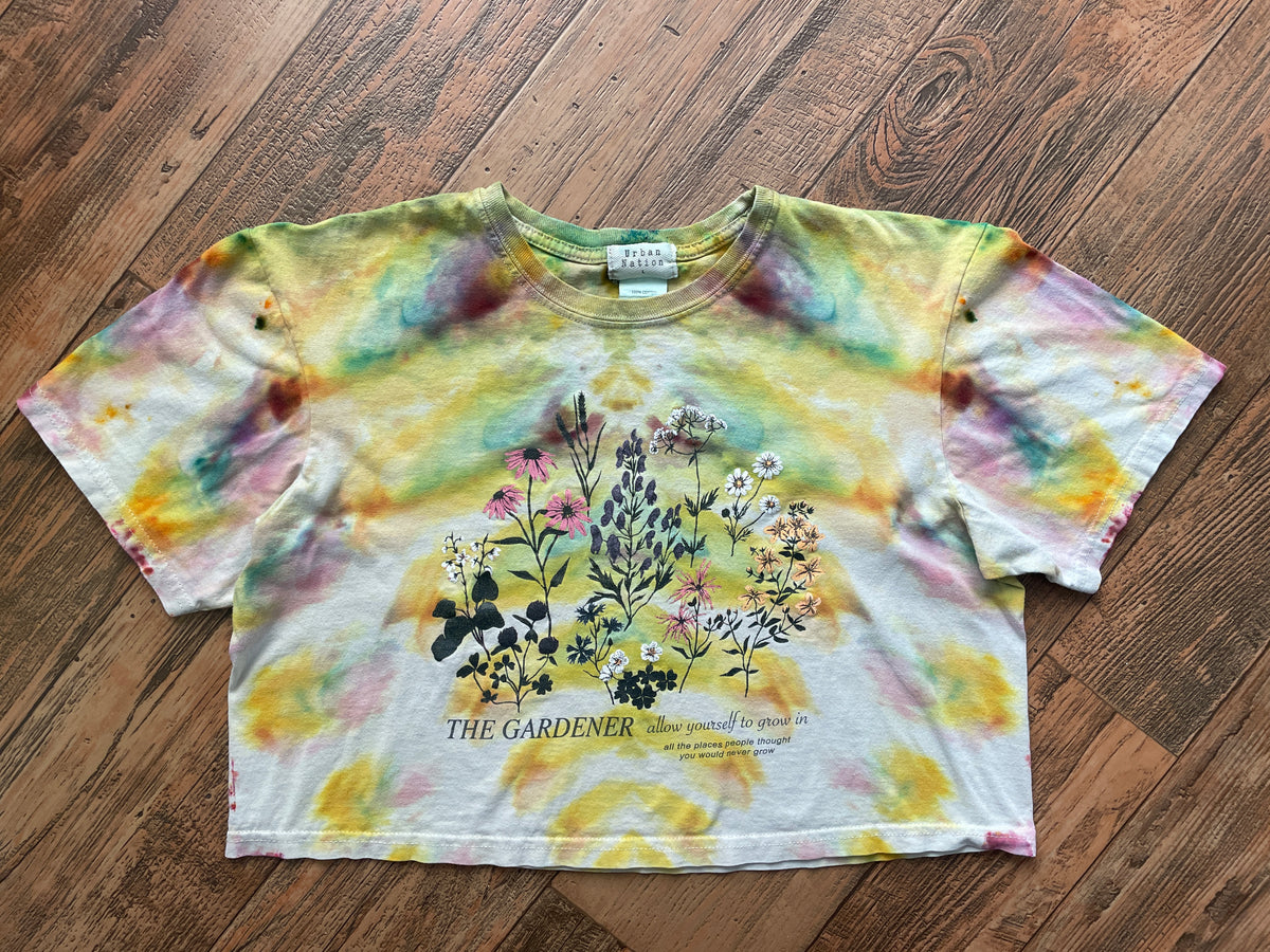 "The Gardener" Pastel Multicolor Ice Dye Short Sleeve Cropped T-Shirt | Women's Large