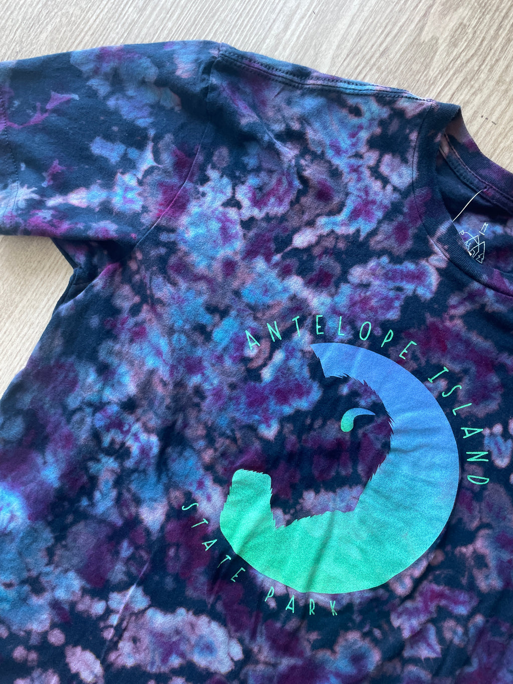 MEDIUM Men’s Antelope Island Buffalo Reverse Tie Dye T-Shirt | One-Of-a-Kind Blue and Purple Crumpled Short Sleeve