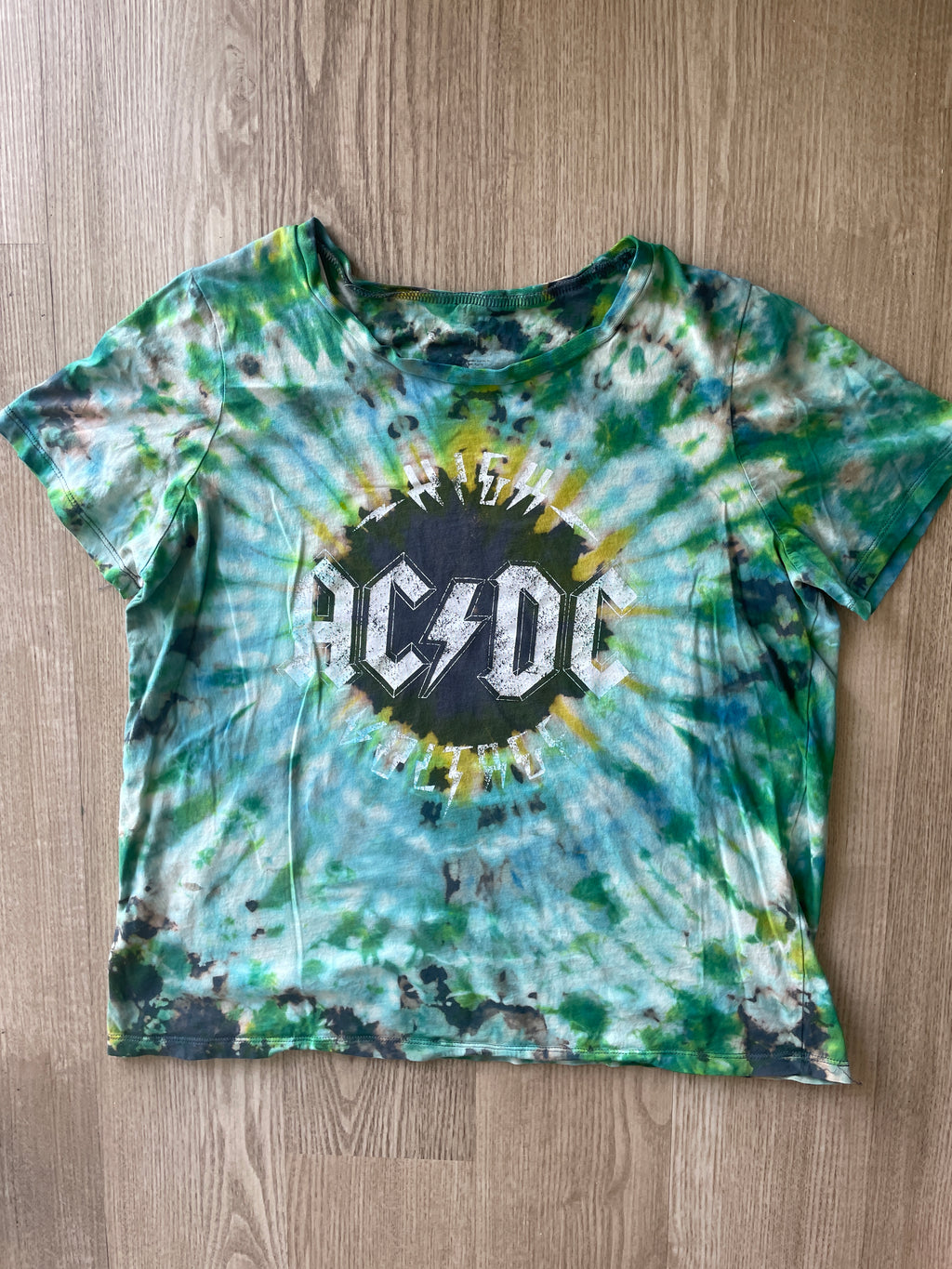 LARGE Women's AC/DC High Voltage Reverse Tie Dye T-Shirt | One-Of-a-Kind Gray, Green, and Blue Short Sleeve