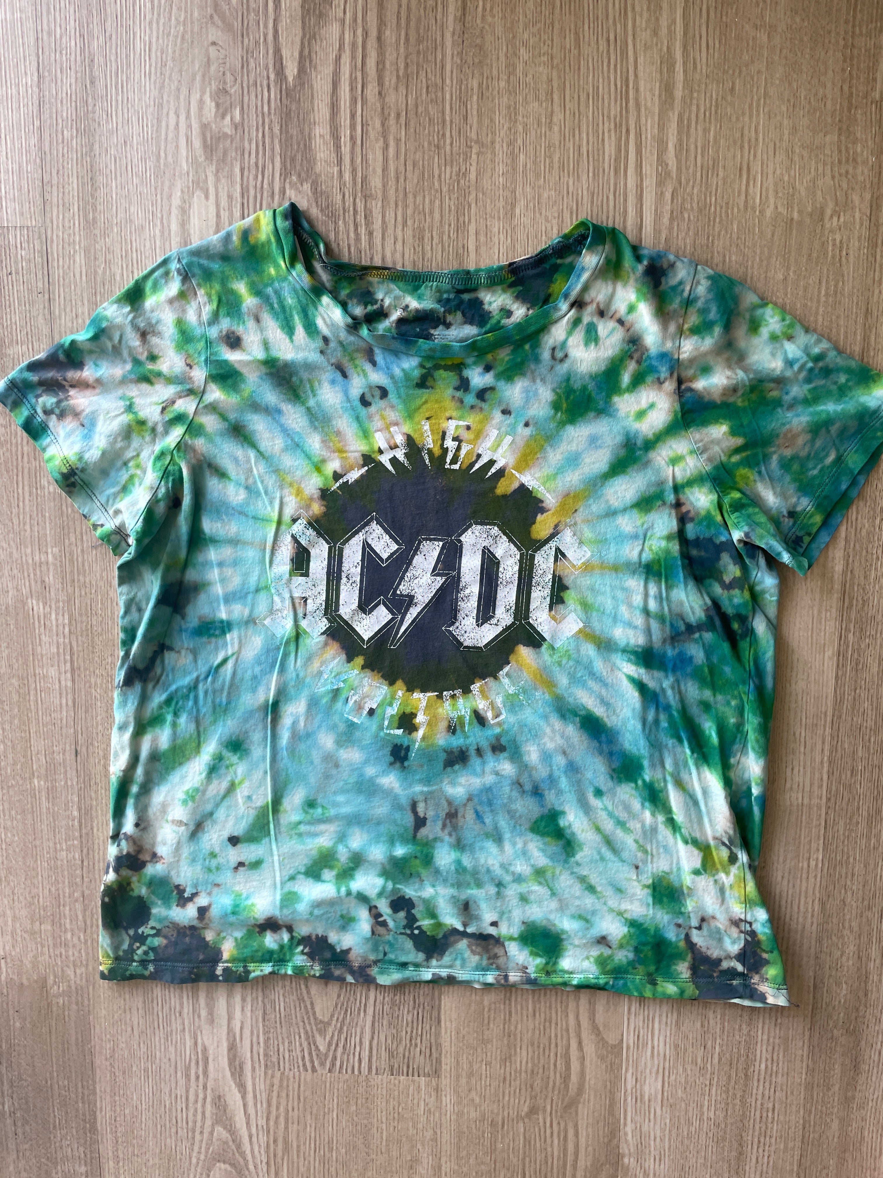 LARGE Women's AC/DC High Voltage Reverse Tie Dye T-Shirt | One-Of-a-Kind Gray, Green, and Blue Short Sleeve