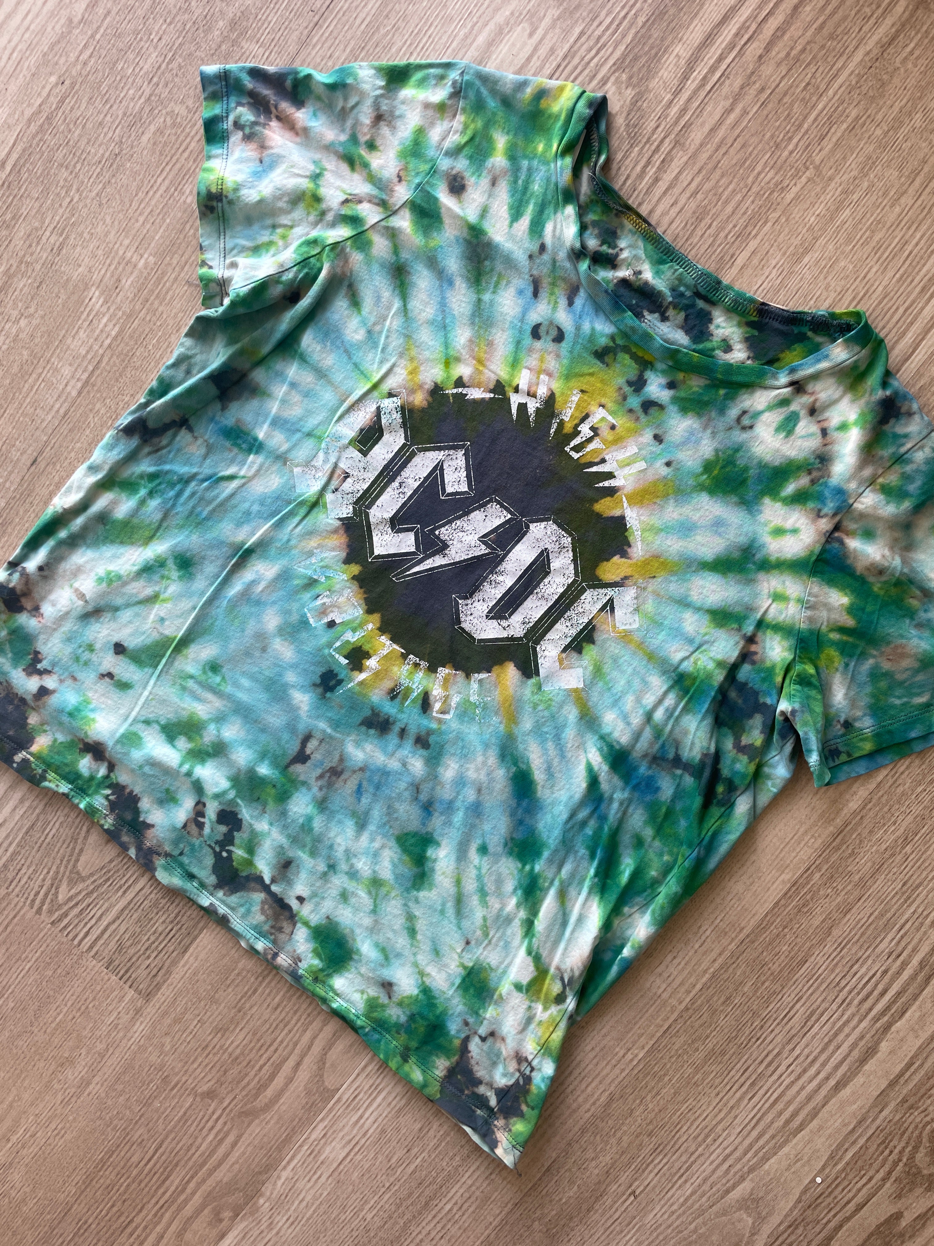 LARGE Women's AC/DC High Voltage Reverse Tie Dye T-Shirt | One-Of-a-Kind Gray, Green, and Blue Short Sleeve