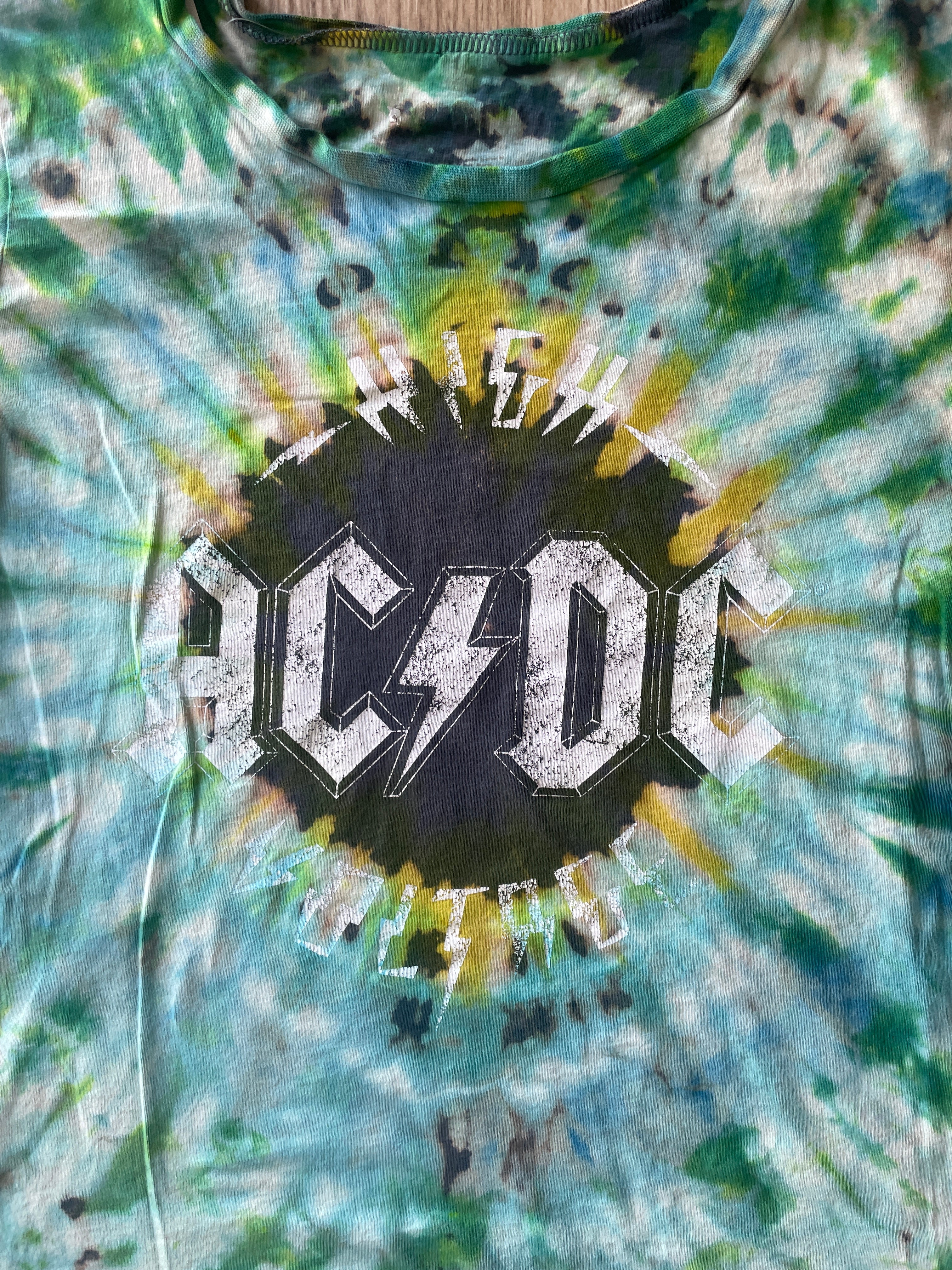 LARGE Women's AC/DC High Voltage Reverse Tie Dye T-Shirt | One-Of-a-Kind Gray, Green, and Blue Short Sleeve