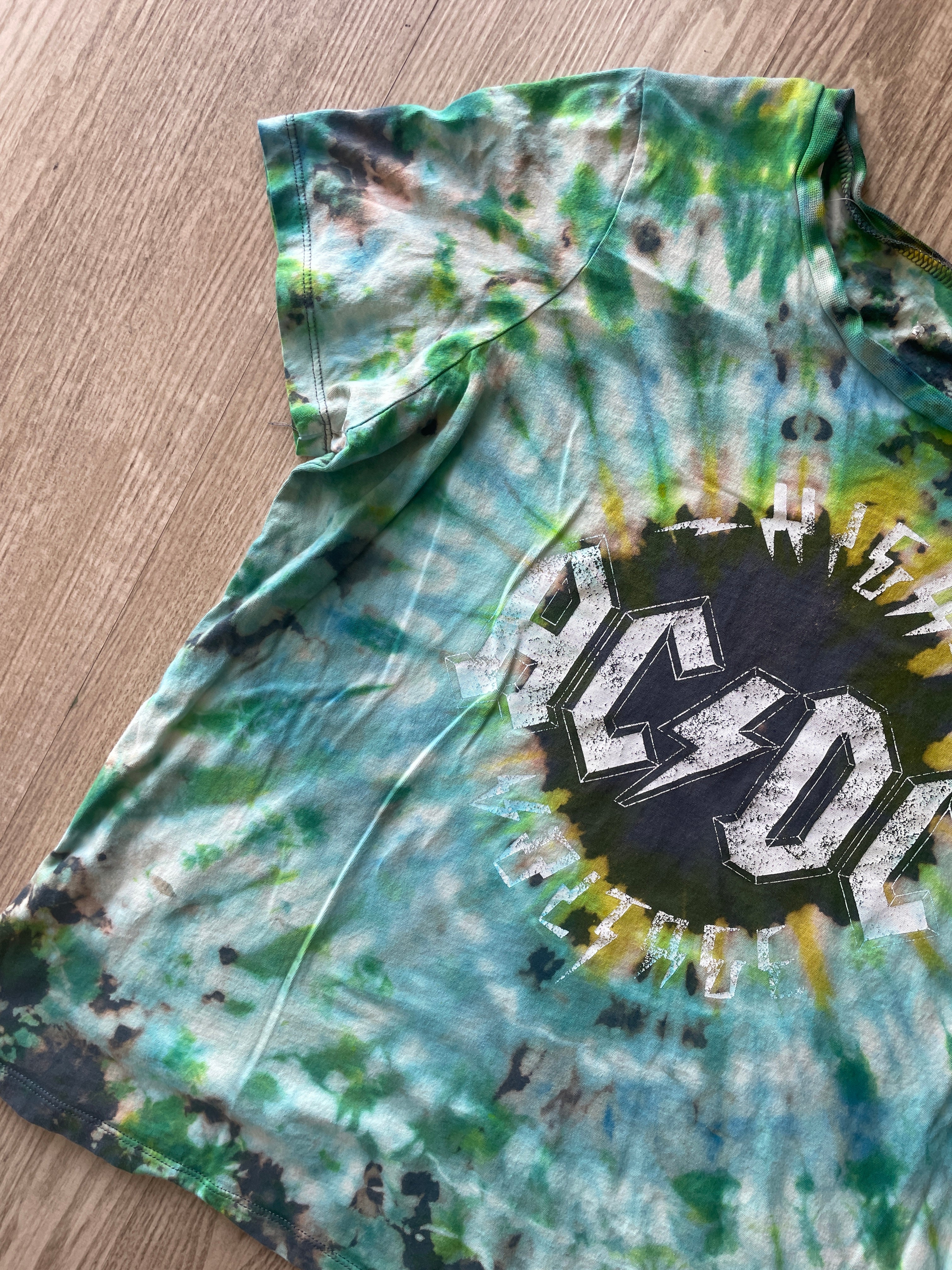 LARGE Women's AC/DC High Voltage Reverse Tie Dye T-Shirt | One-Of-a-Kind Gray, Green, and Blue Short Sleeve