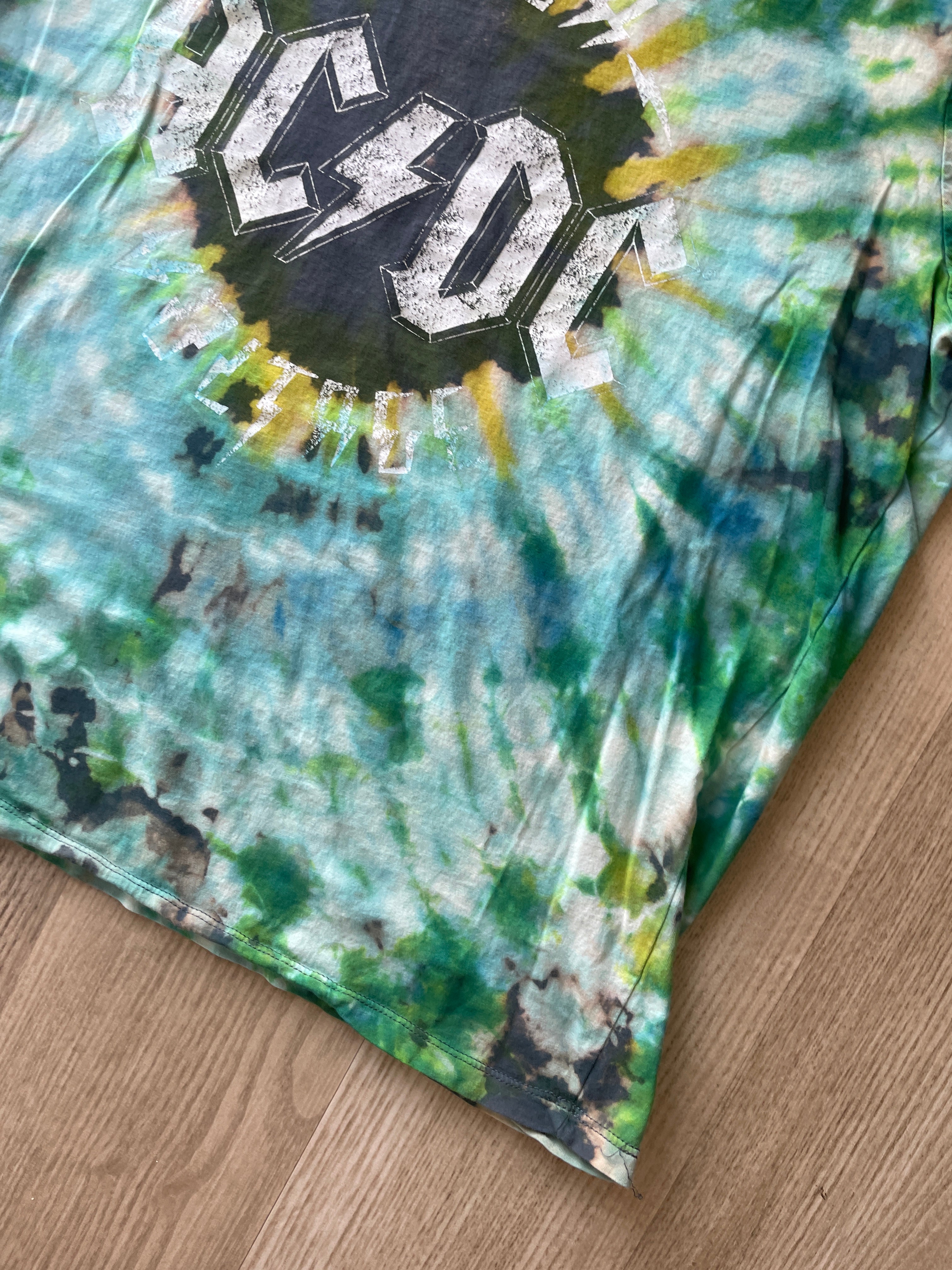 LARGE Women's AC/DC High Voltage Reverse Tie Dye T-Shirt | One-Of-a-Kind Gray, Green, and Blue Short Sleeve