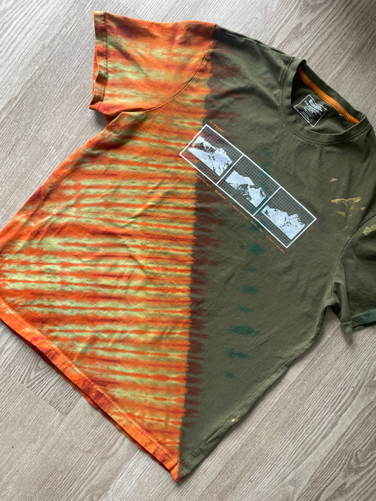 Medium Men's Scott Sports Handmade Reverse Tie Dye Short Sleeve T-Shirt | One-Of-a-Kind Upcycled Olive Green and Orange Top