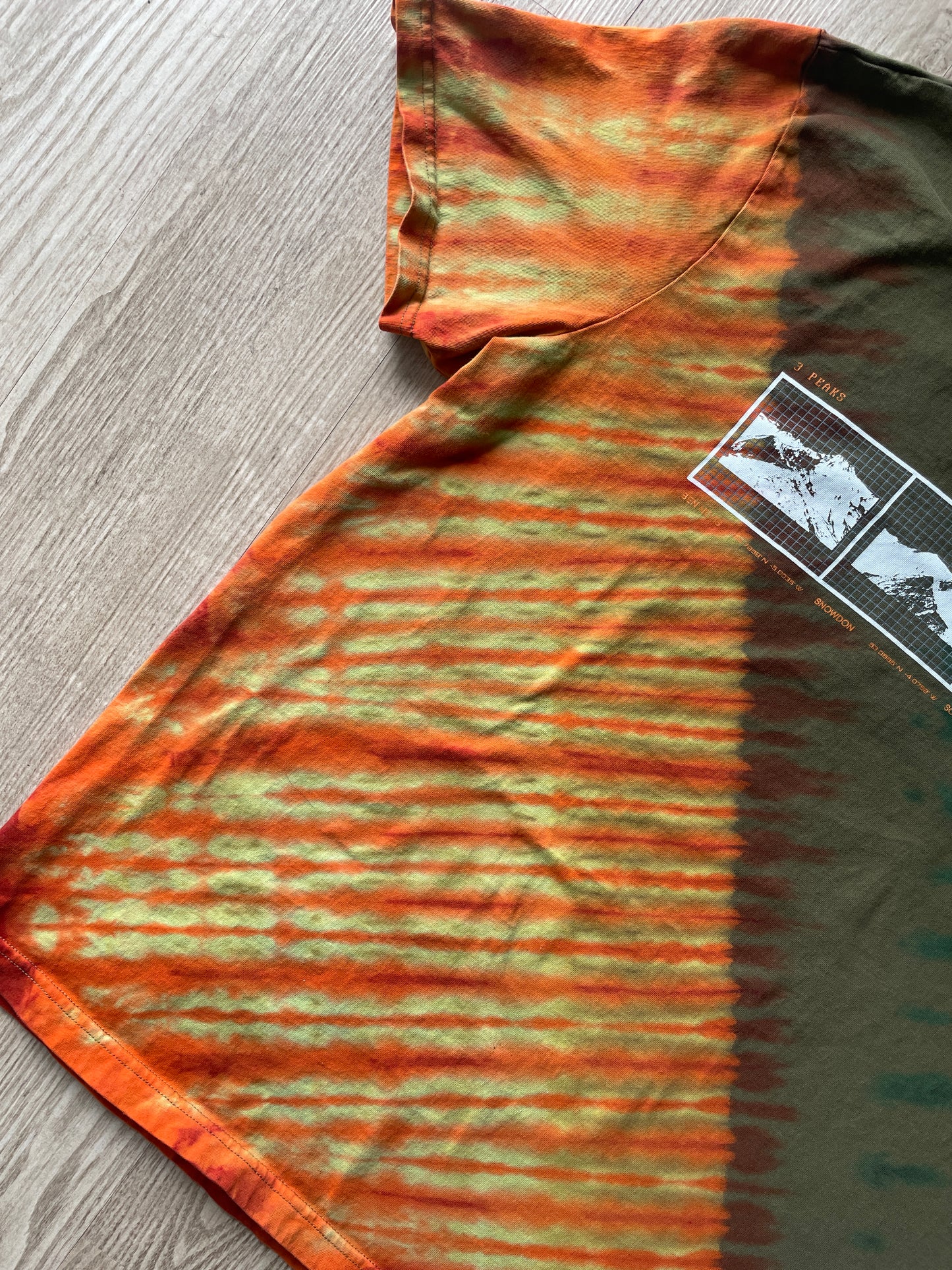 Medium Men's Scott Sports Handmade Reverse Tie Dye Short Sleeve T-Shirt | One-Of-a-Kind Upcycled Olive Green and Orange Top