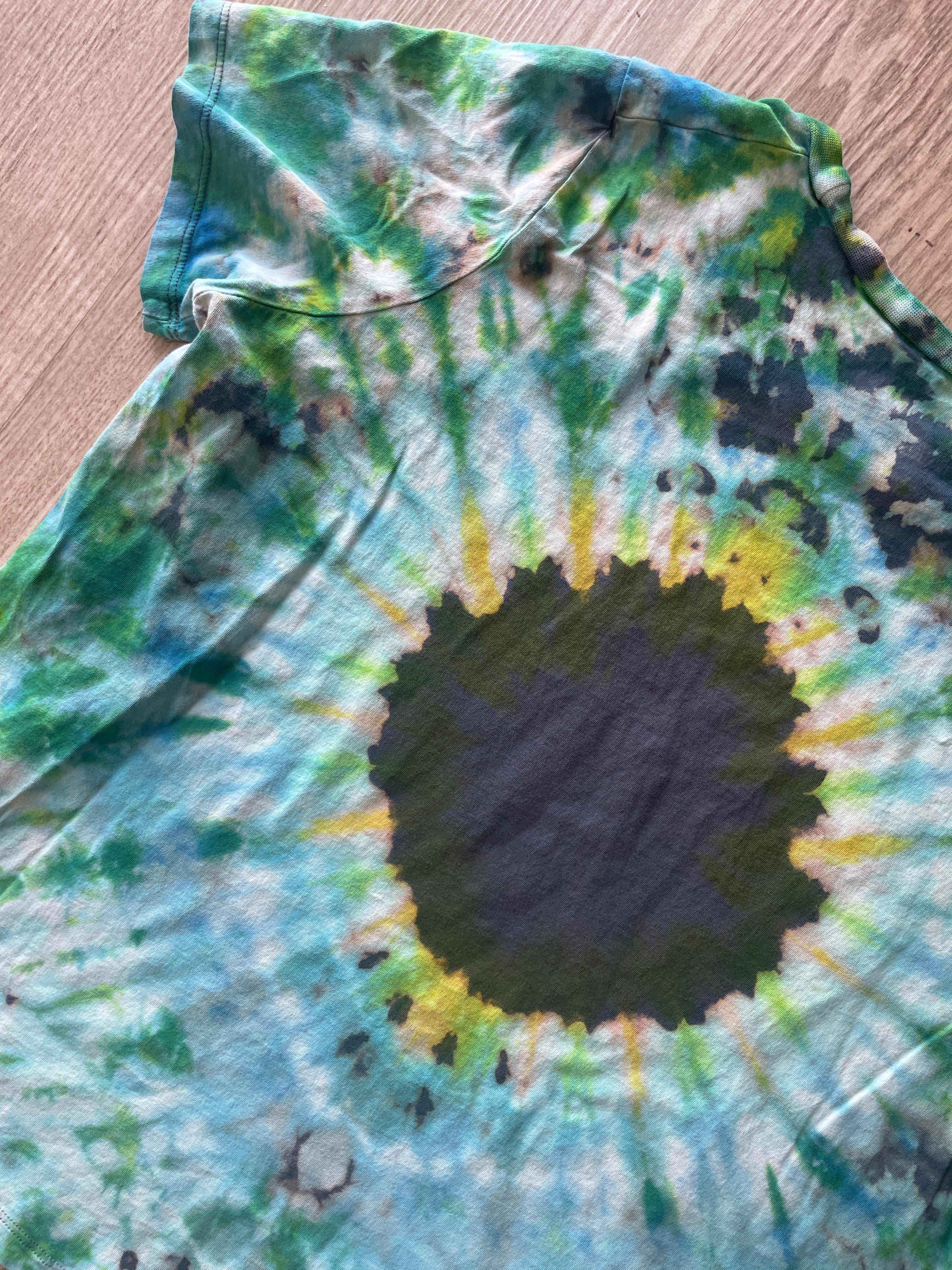 LARGE Women's AC/DC High Voltage Reverse Tie Dye T-Shirt | One-Of-a-Kind Gray, Green, and Blue Short Sleeve