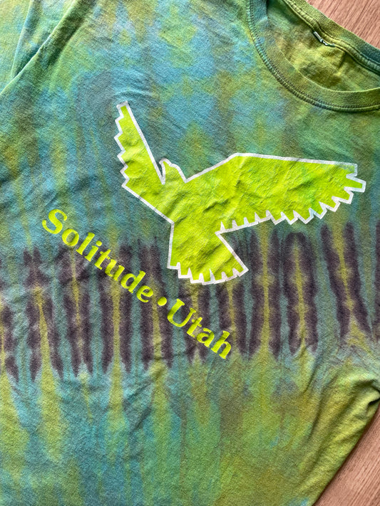 Large Men's Solitude Utah Handmade Reverse Tie Dye Short Sleeve T-Shirt | One-Of-a-Kind Upcycled Gray and Green Top