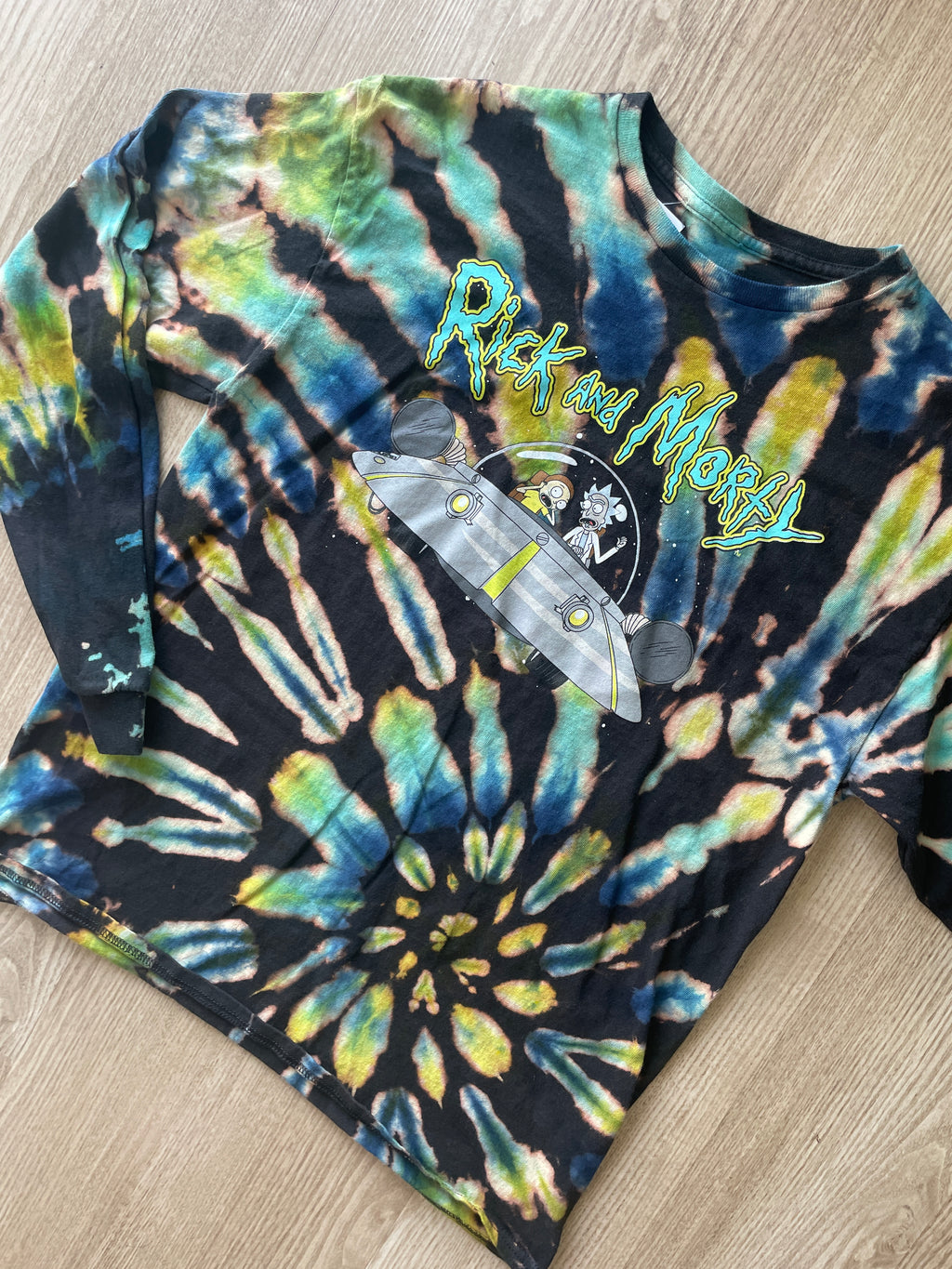 LARGE Men’s Rick and Morty Reverse Tie Dye Long Sleeve T-Shirt | One-Of-a-Kind Black, Blue, and Green Spiral Long Sleeve