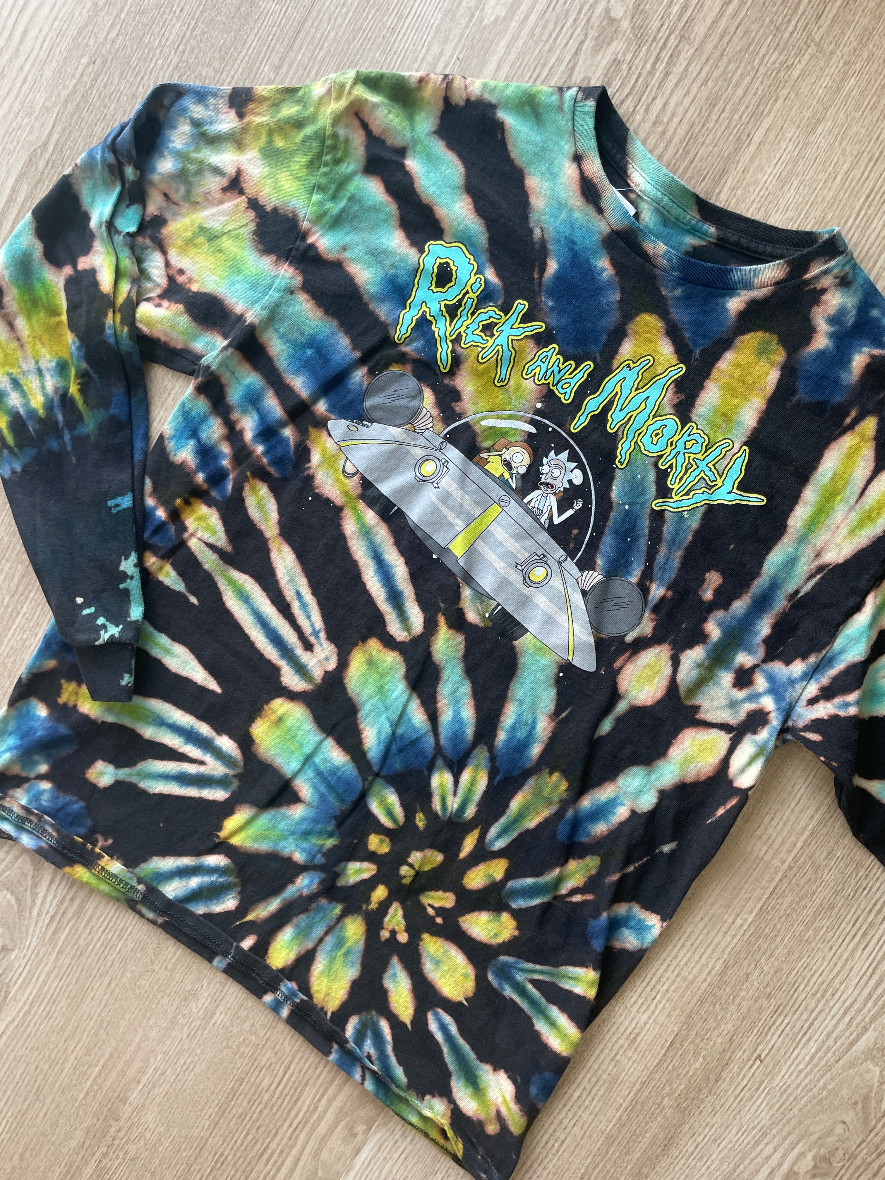 LARGE Men’s Rick and Morty Reverse Tie Dye Long Sleeve T-Shirt | One-Of-a-Kind Black, Blue, and Green Spiral Long Sleeve