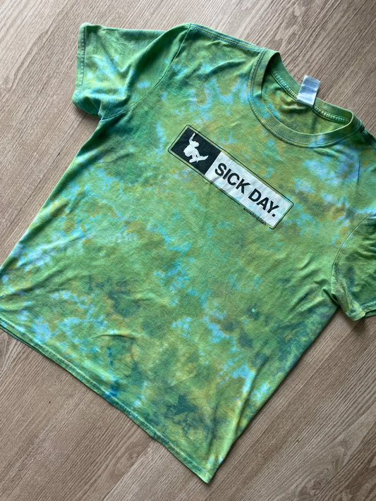 Large Men's Sick Day Snowboarding Handmade Reverse Tie Dye Short Sleeve T-Shirt | One-Of-a-Kind Upcycled Green Crumpled Top