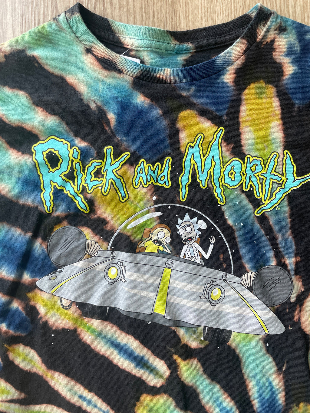 LARGE Men’s Rick and Morty Reverse Tie Dye Long Sleeve T-Shirt | One-Of-a-Kind Black, Blue, and Green Spiral Long Sleeve