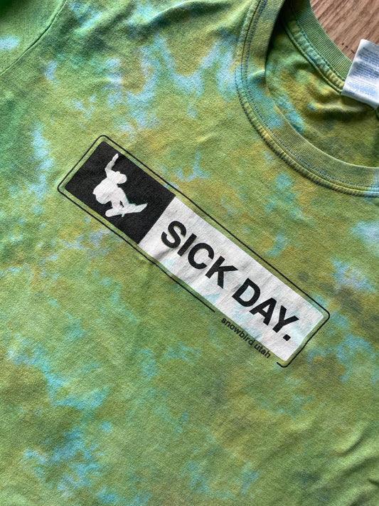 Large Men's Sick Day Snowboarding Handmade Reverse Tie Dye Short Sleeve T-Shirt | One-Of-a-Kind Upcycled Green Crumpled Top