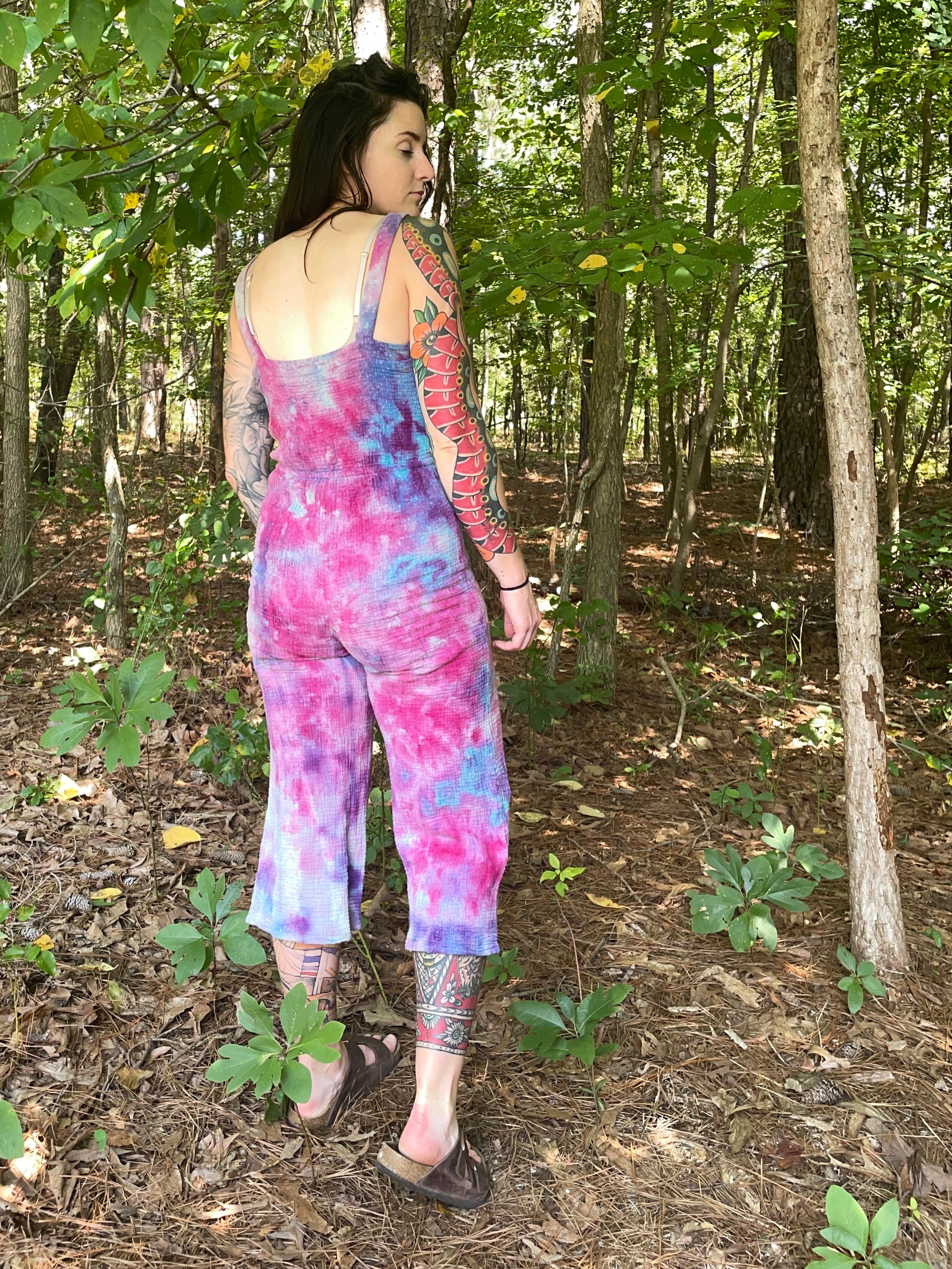 MEDIUM Women's Handmade Galaxy Dye Jumpsuit | One-of-a-Kind Pink and Blue Sleeveless Jumpsuit