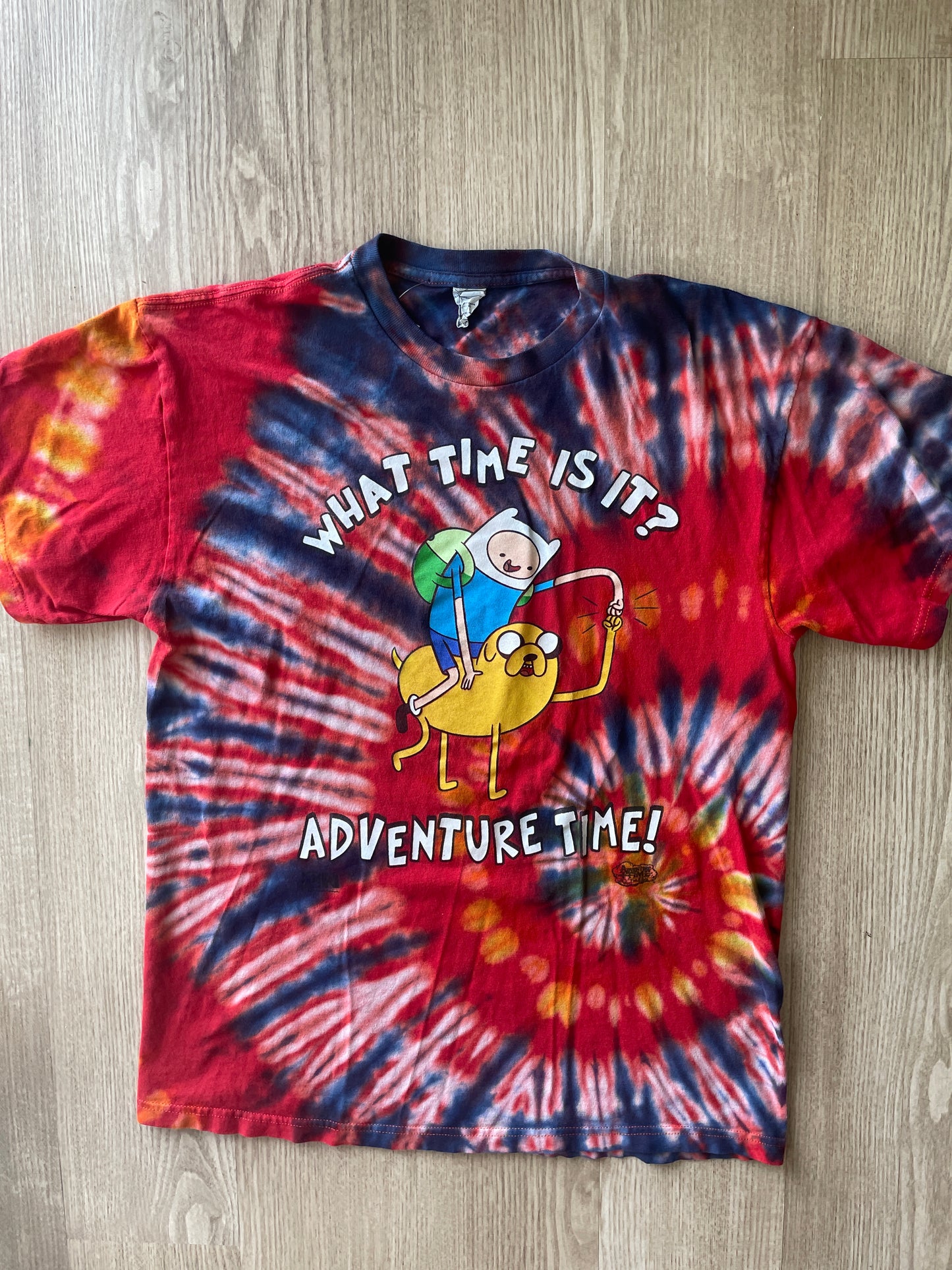 LARGE Men’s Adventure Time Reverse Tie Dye T-Shirt | One-Of-a-Kind Red Rainbow Spiral Short Sleeve