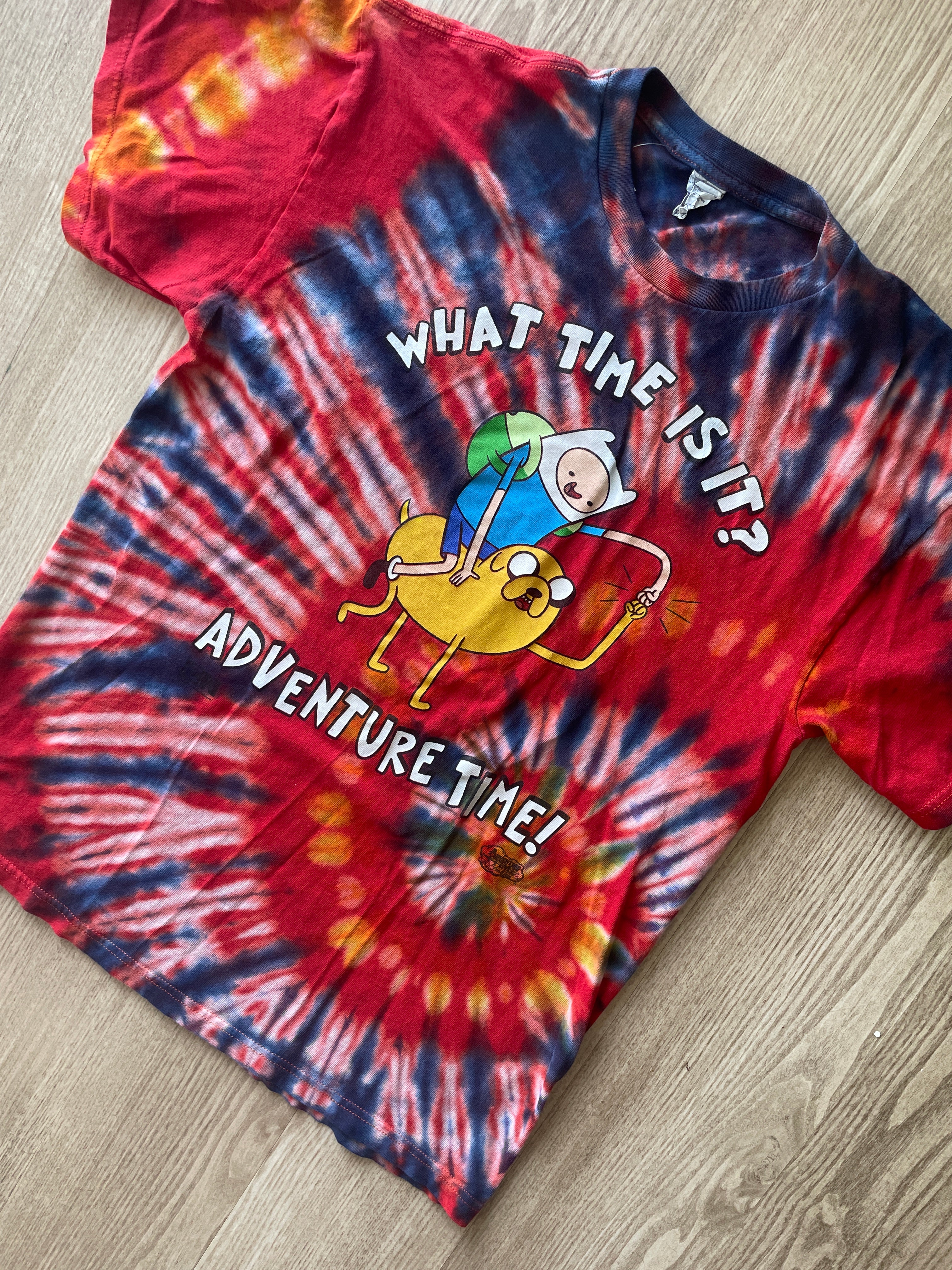 LARGE Men’s Adventure Time Reverse Tie Dye T-Shirt | One-Of-a-Kind Red Rainbow Spiral Short Sleeve