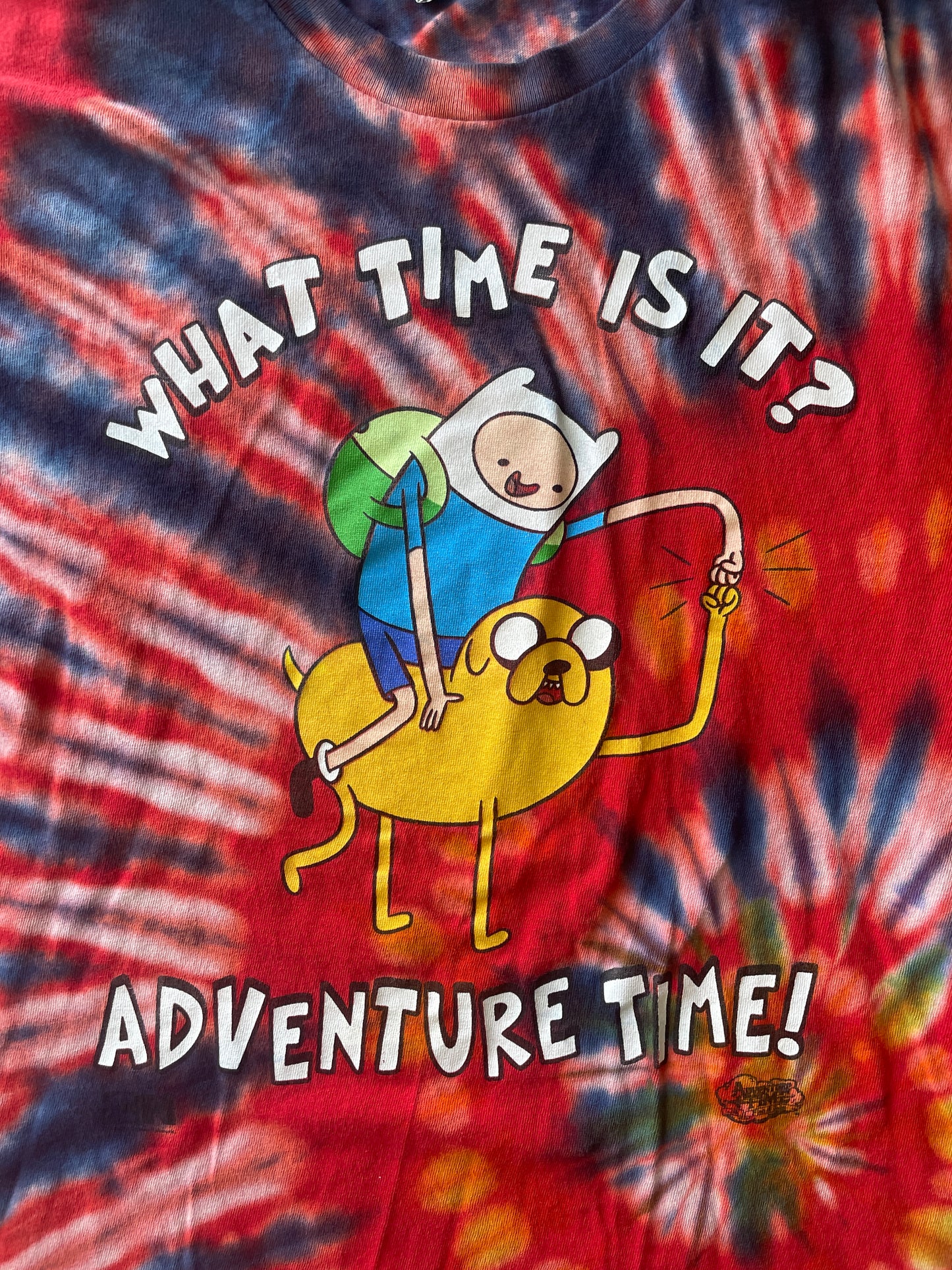 LARGE Men’s Adventure Time Reverse Tie Dye T-Shirt | One-Of-a-Kind Red Rainbow Spiral Short Sleeve