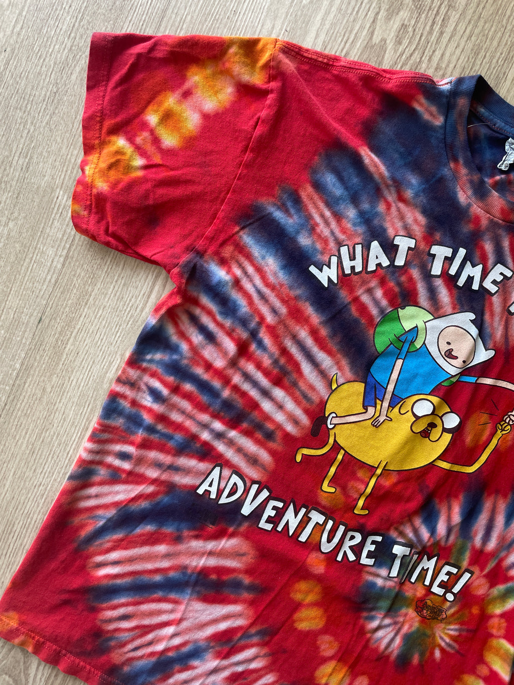 LARGE Men’s Adventure Time Reverse Tie Dye T-Shirt | One-Of-a-Kind Red Rainbow Spiral Short Sleeve