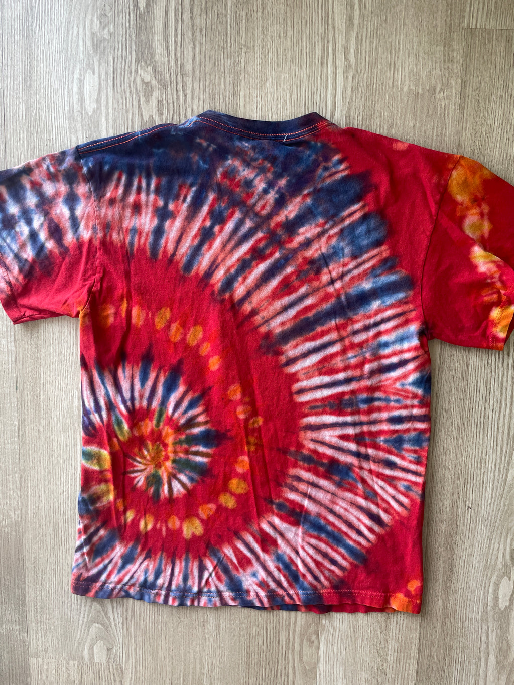 LARGE Men’s Adventure Time Reverse Tie Dye T-Shirt | One-Of-a-Kind Red Rainbow Spiral Short Sleeve