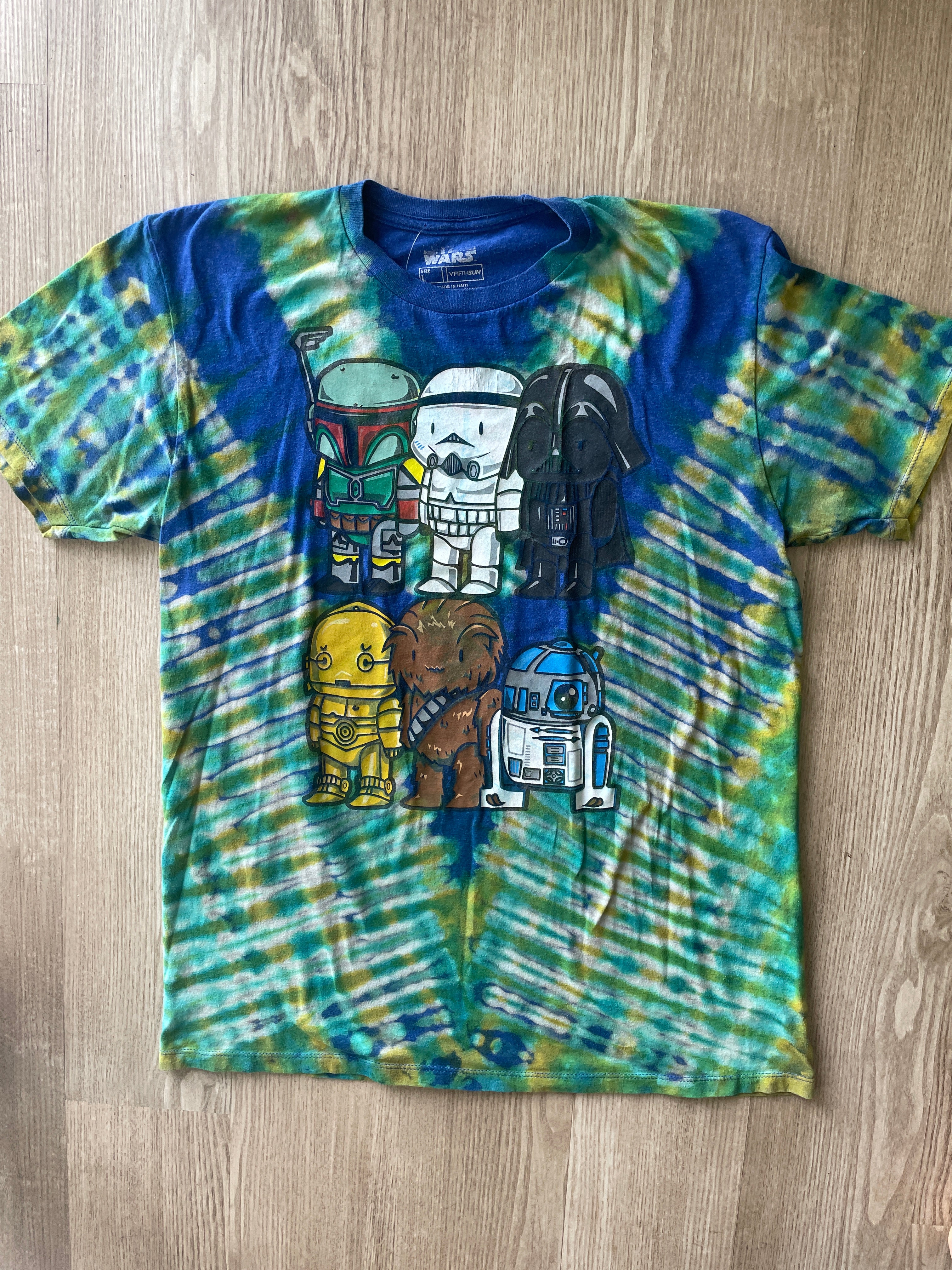 LARGE Men’s Star Wars Funko Dolls Reverse Tie Dye T-Shirt | One-Of-a-Kind Blue and Pleated Short Sleeve