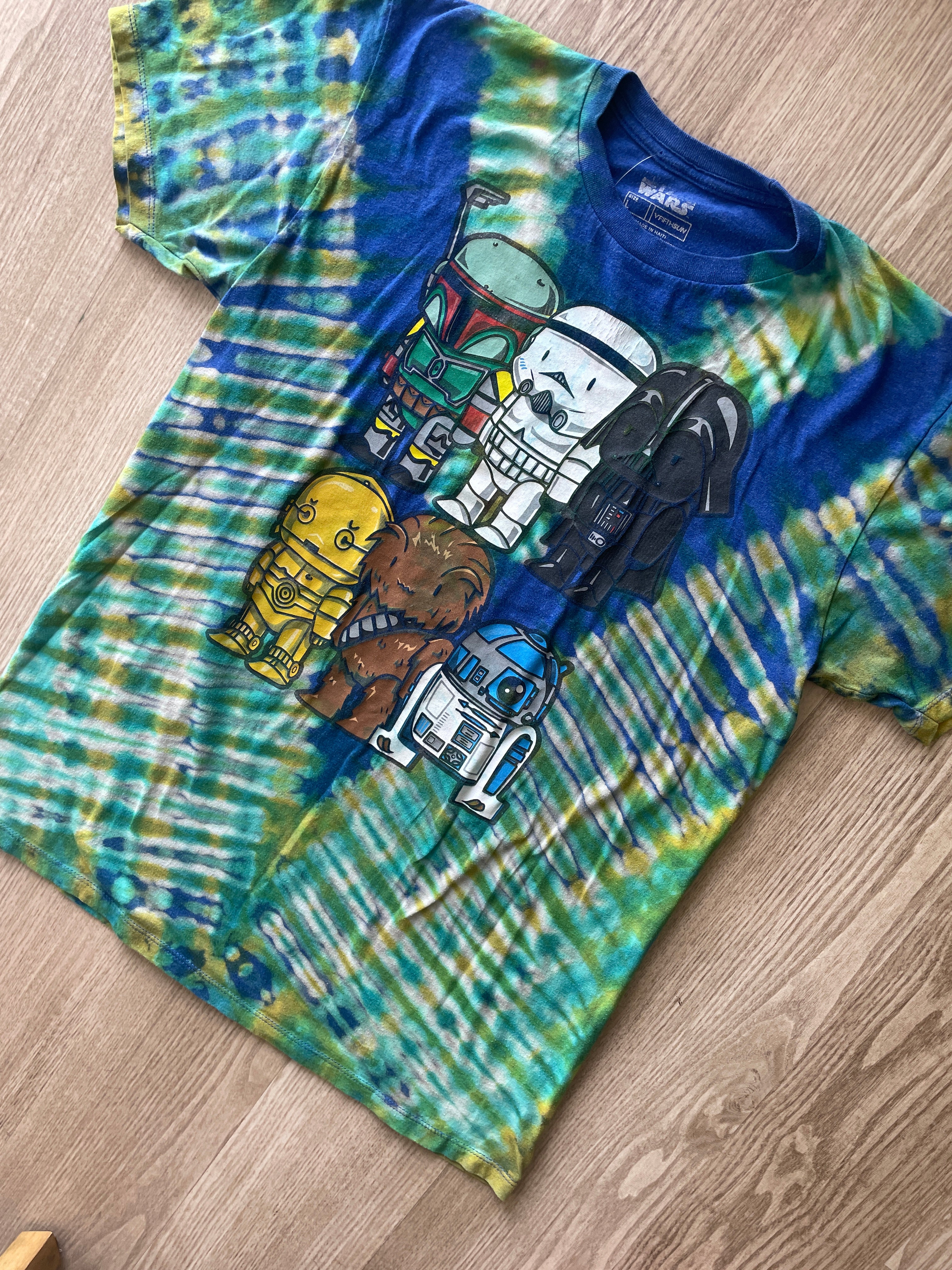 LARGE Men’s Star Wars Funko Dolls Reverse Tie Dye T-Shirt | One-Of-a-Kind Blue and Pleated Short Sleeve