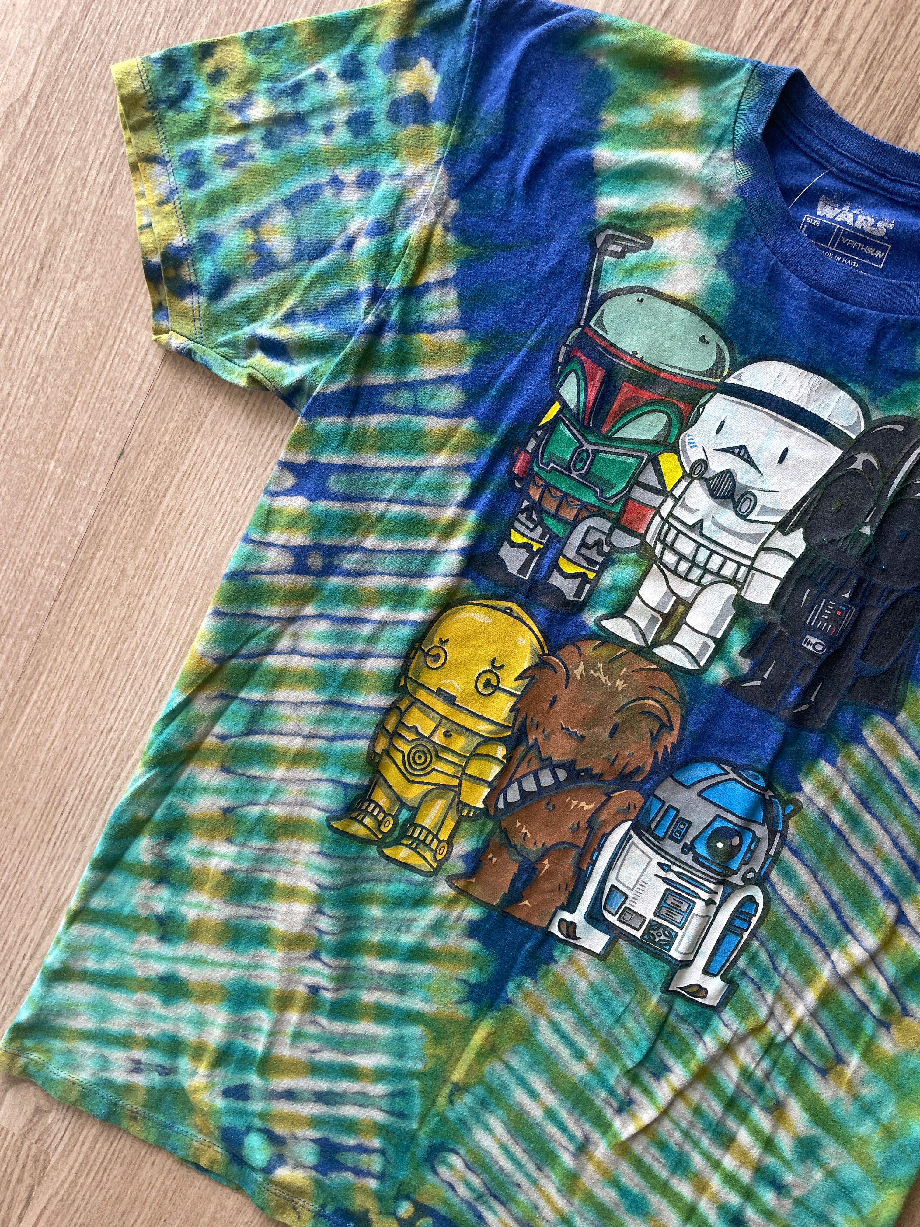 LARGE Men’s Star Wars Funko Dolls Reverse Tie Dye T-Shirt | One-Of-a-Kind Blue and Pleated Short Sleeve