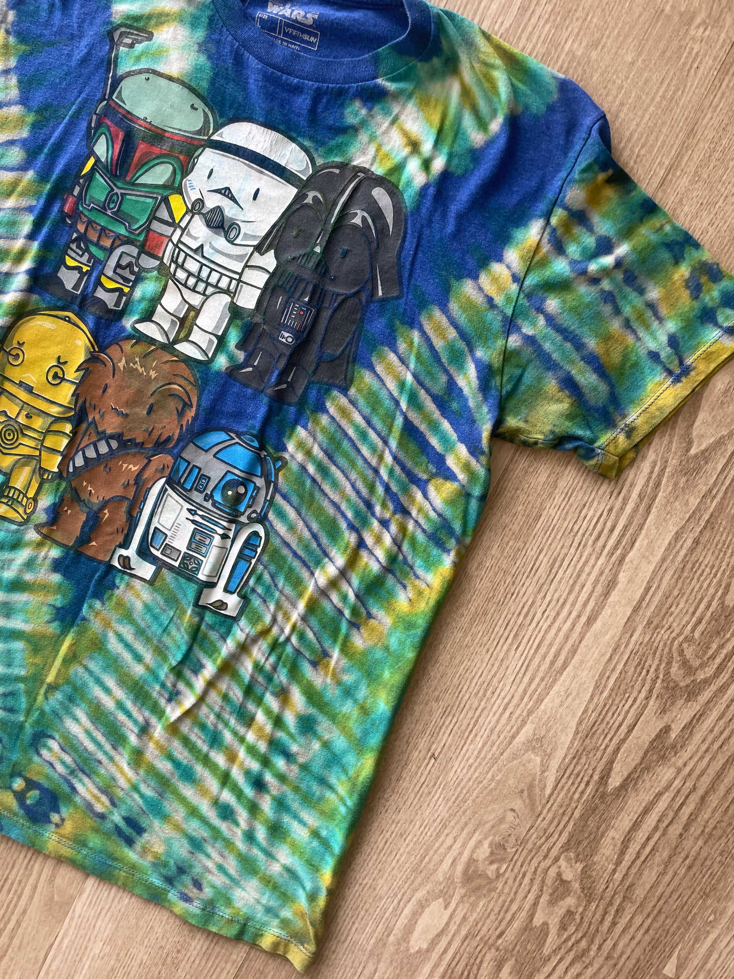 LARGE Men’s Star Wars Funko Dolls Reverse Tie Dye T-Shirt | One-Of-a-Kind Blue and Pleated Short Sleeve