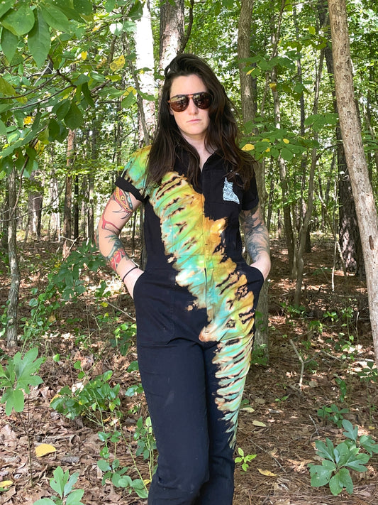 LARGE Women's Snowbird Handmade Tie Dye Jumpsuit (WITH POCKETS) | One-of-a-Kind Short Sleeve Black and Green Jumpsuit with Ski Boot Block Print
