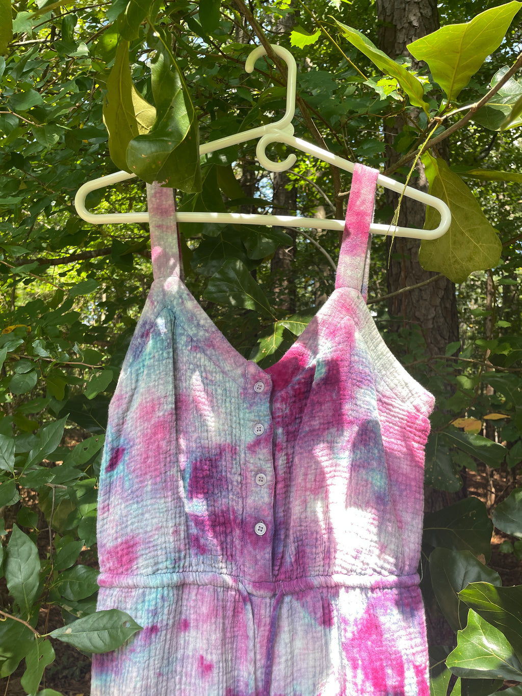 MEDIUM Women's Handmade Galaxy Dye Jumpsuit | One-of-a-Kind Pink and Blue Sleeveless Jumpsuit